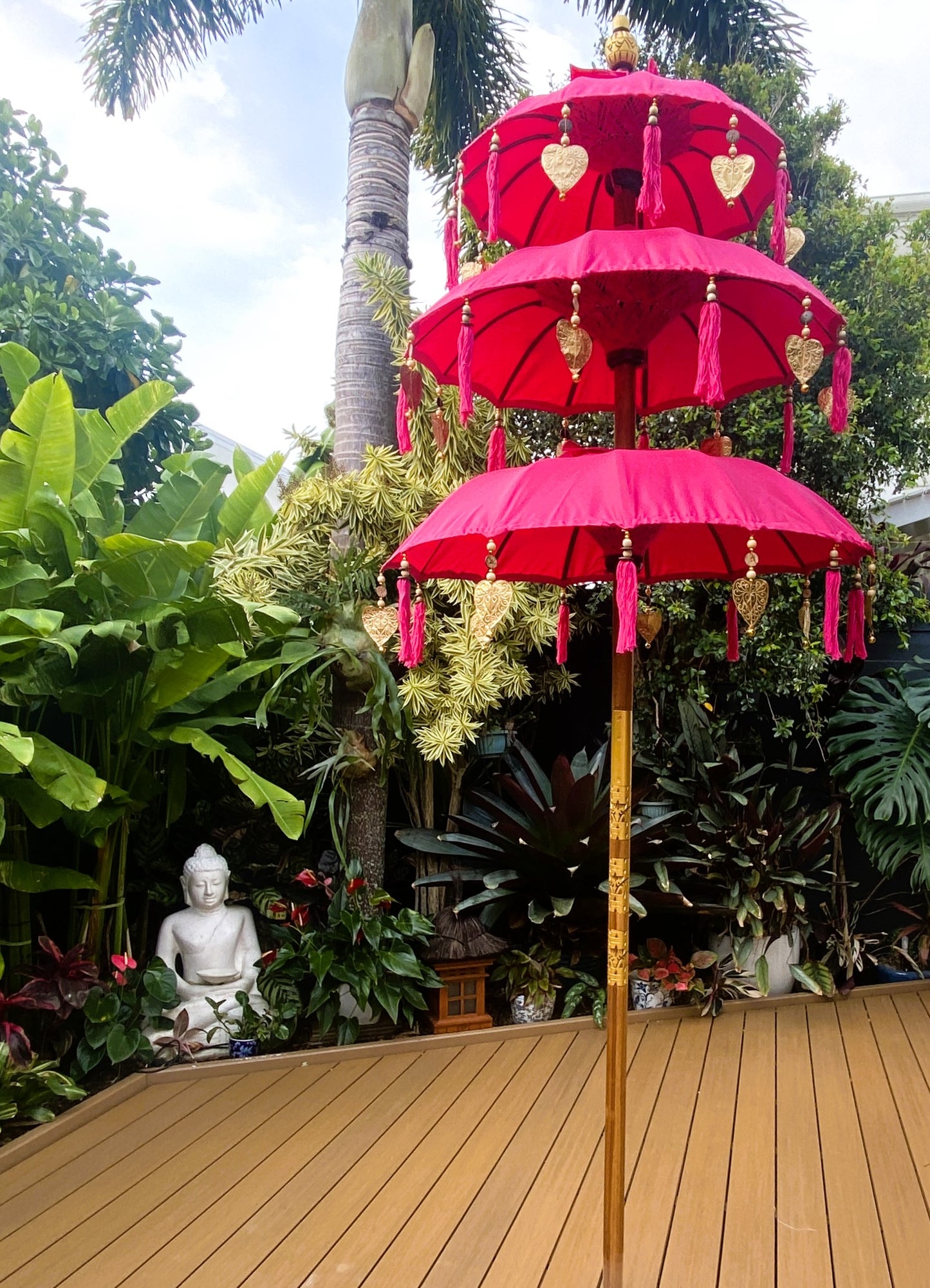 Balinese Umbrella - Pink & Gold - Triple     ( 2 pc Teak stick)