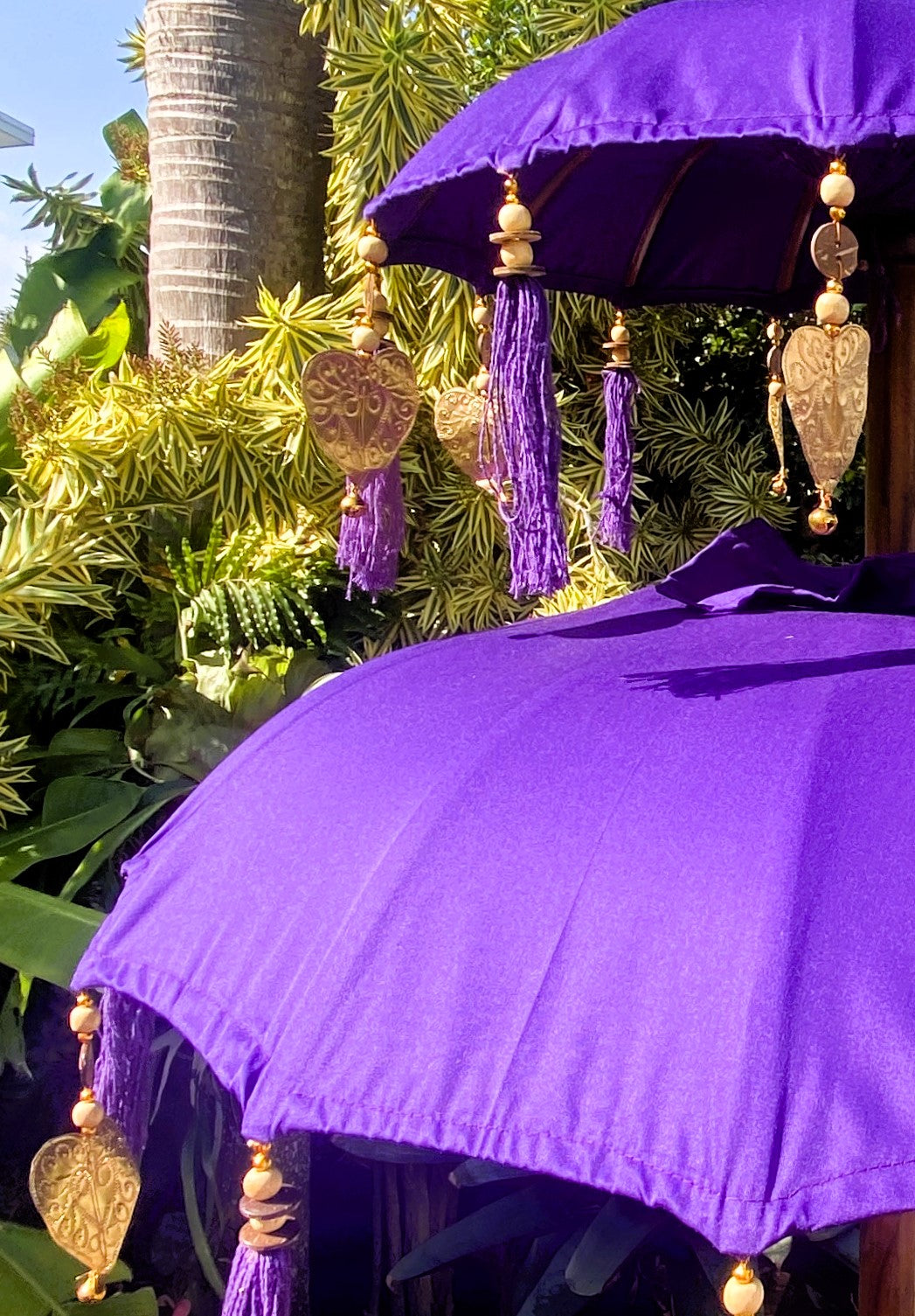 Balinese Umbrella - Purple & Gold - Double     ( 2 pc Teak stick)