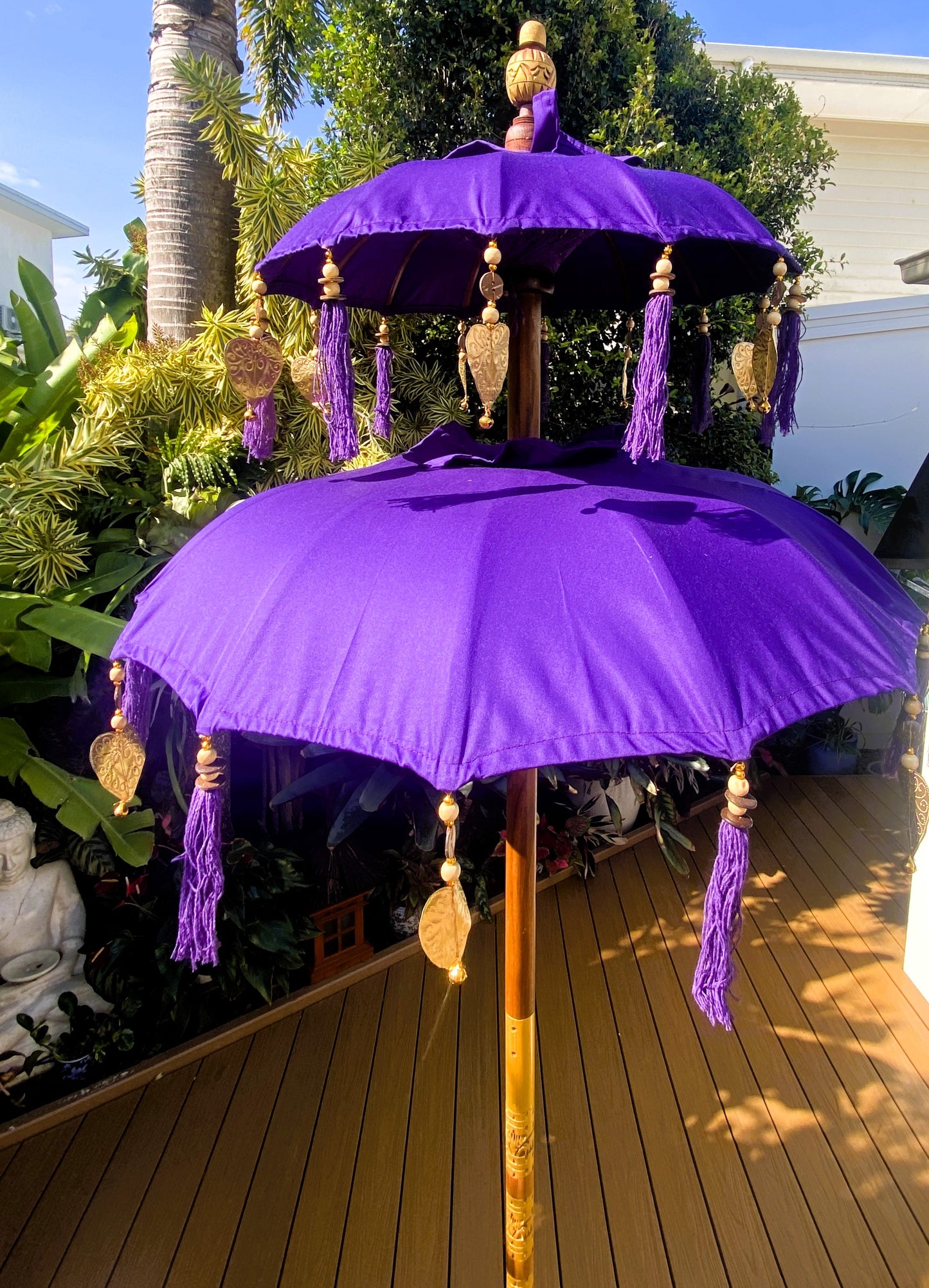 Balinese Umbrella - Purple & Gold - Double     ( 2 pc Teak stick)
