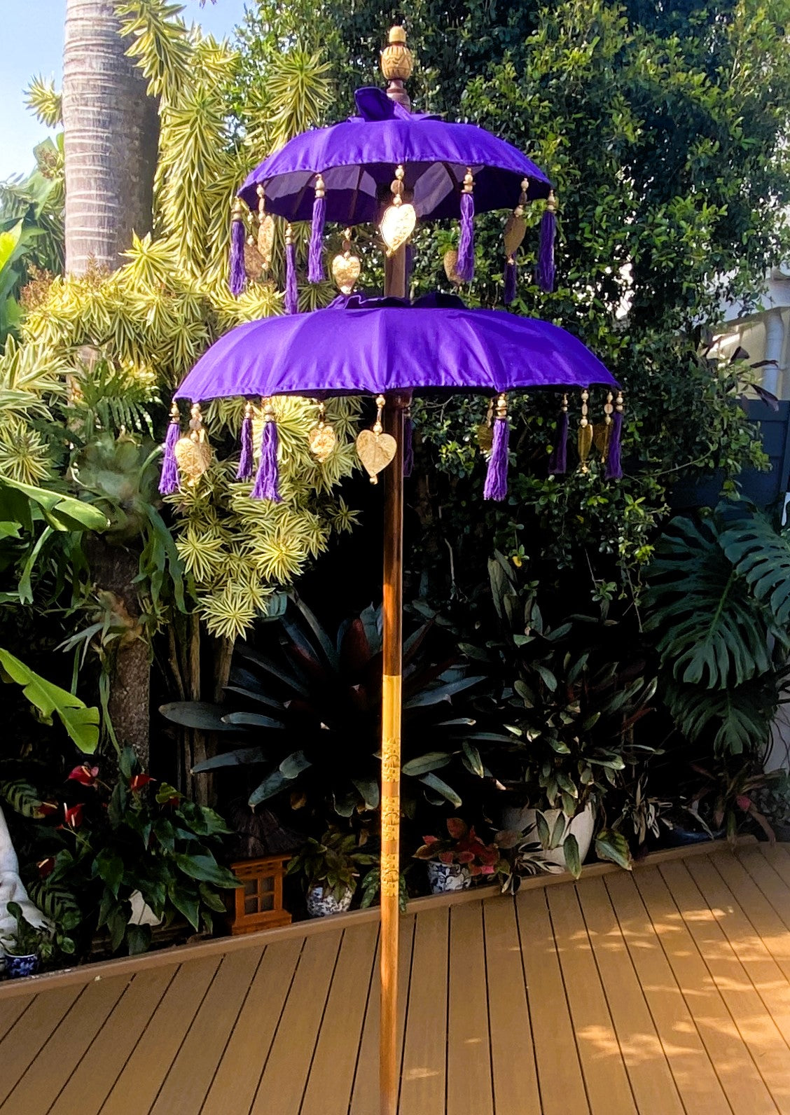 Balinese Umbrella - Purple & Gold - Double     ( 2 pc Teak stick)