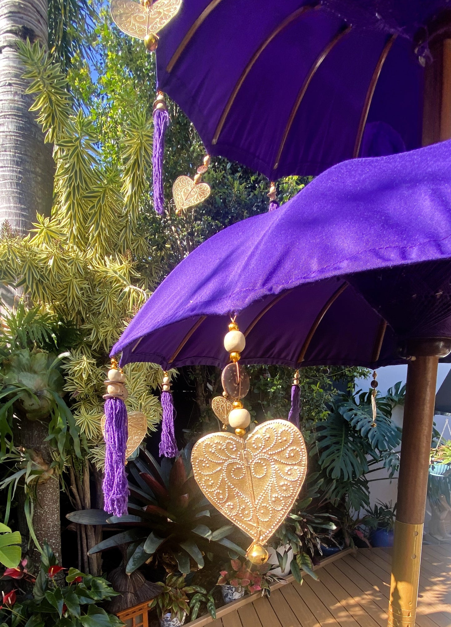 Balinese Umbrella - Purple & Gold - Triple     ( 2 pc Teak stick)