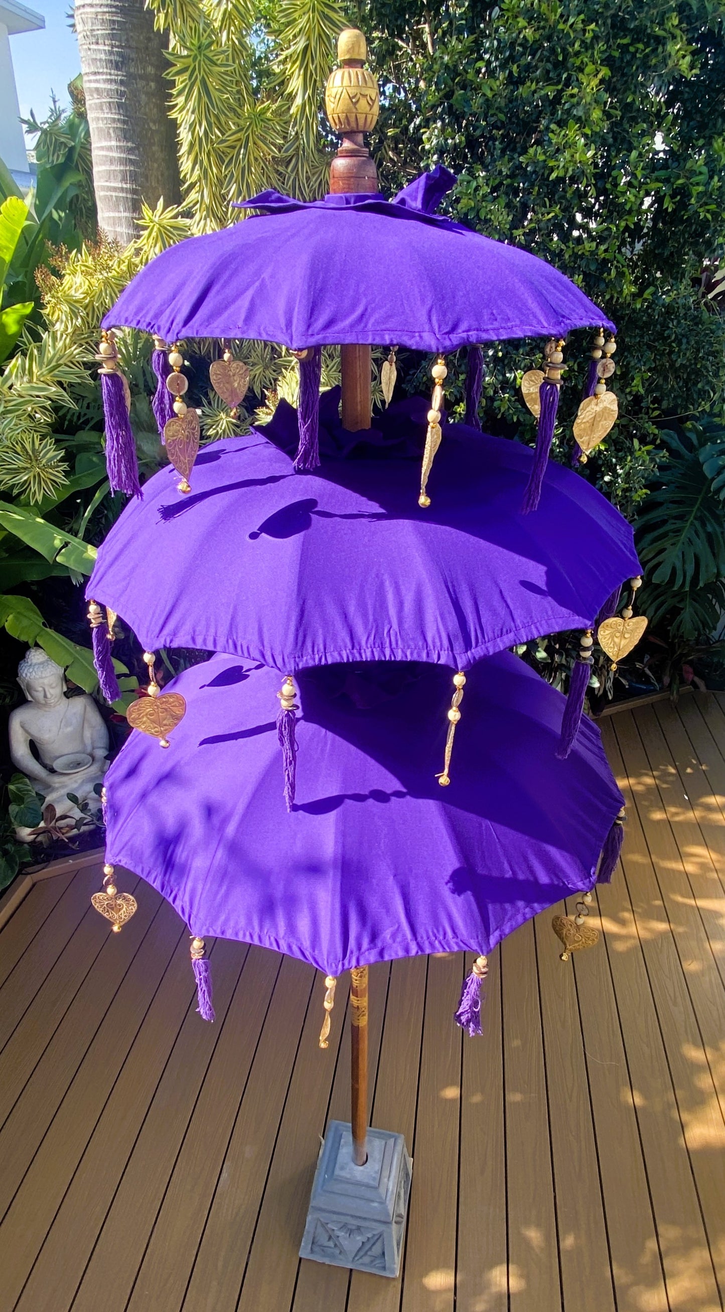 Balinese Umbrella - Purple & Gold - Triple     ( 2 pc Teak stick)
