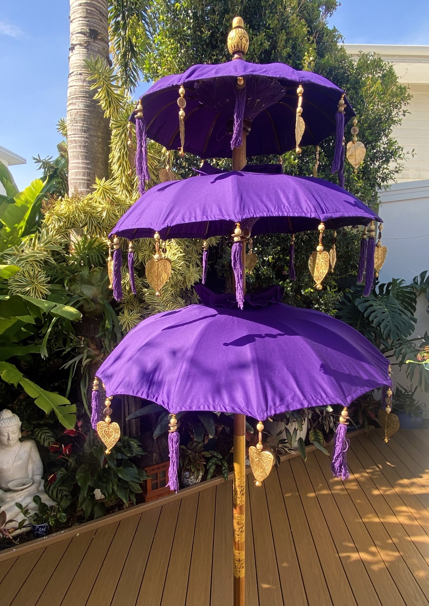 Balinese Umbrella - Purple & Gold - Triple     ( 2 pc Teak stick)