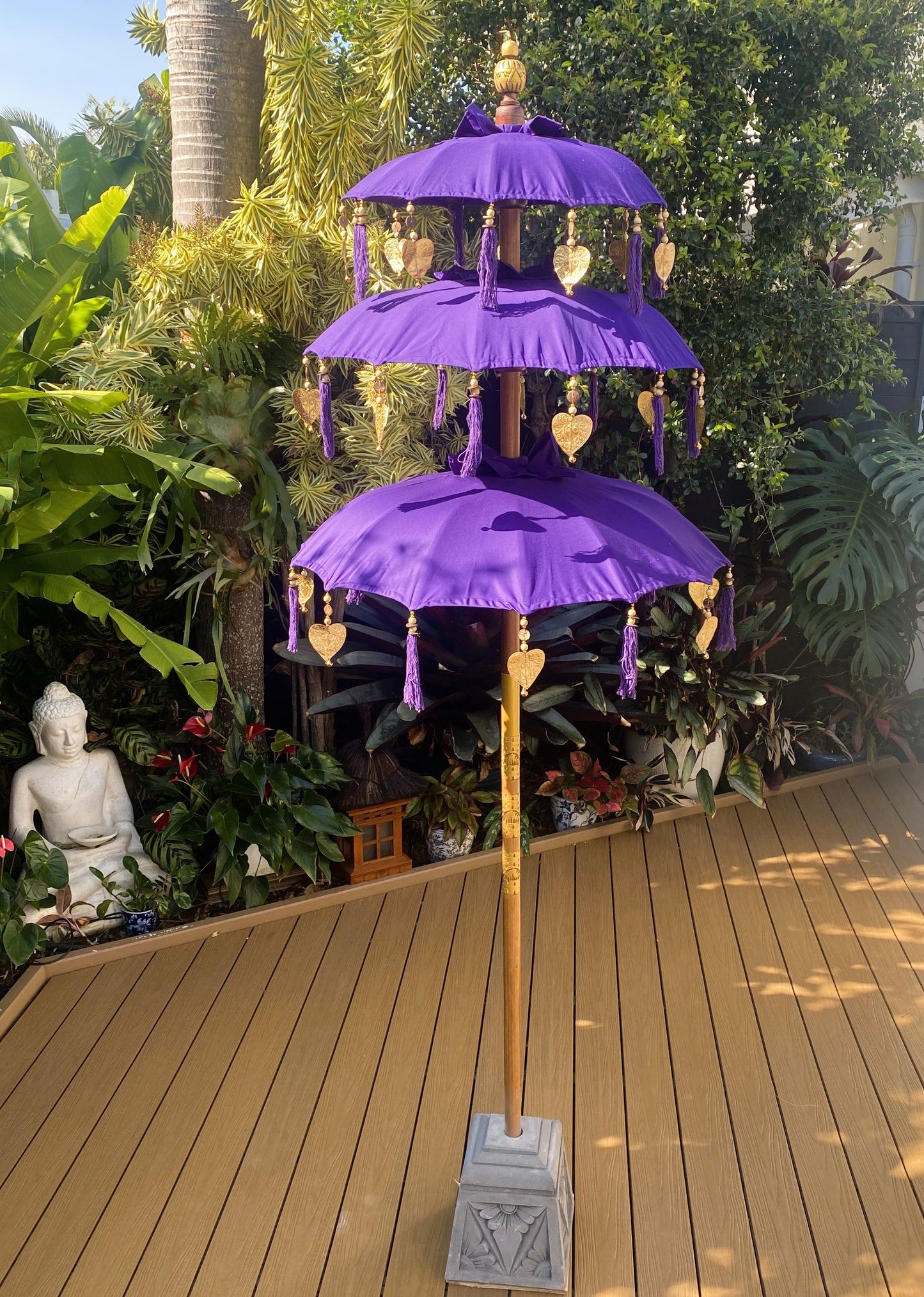 Balinese Umbrella - Purple & Gold - Triple     ( 2 pc Teak stick)