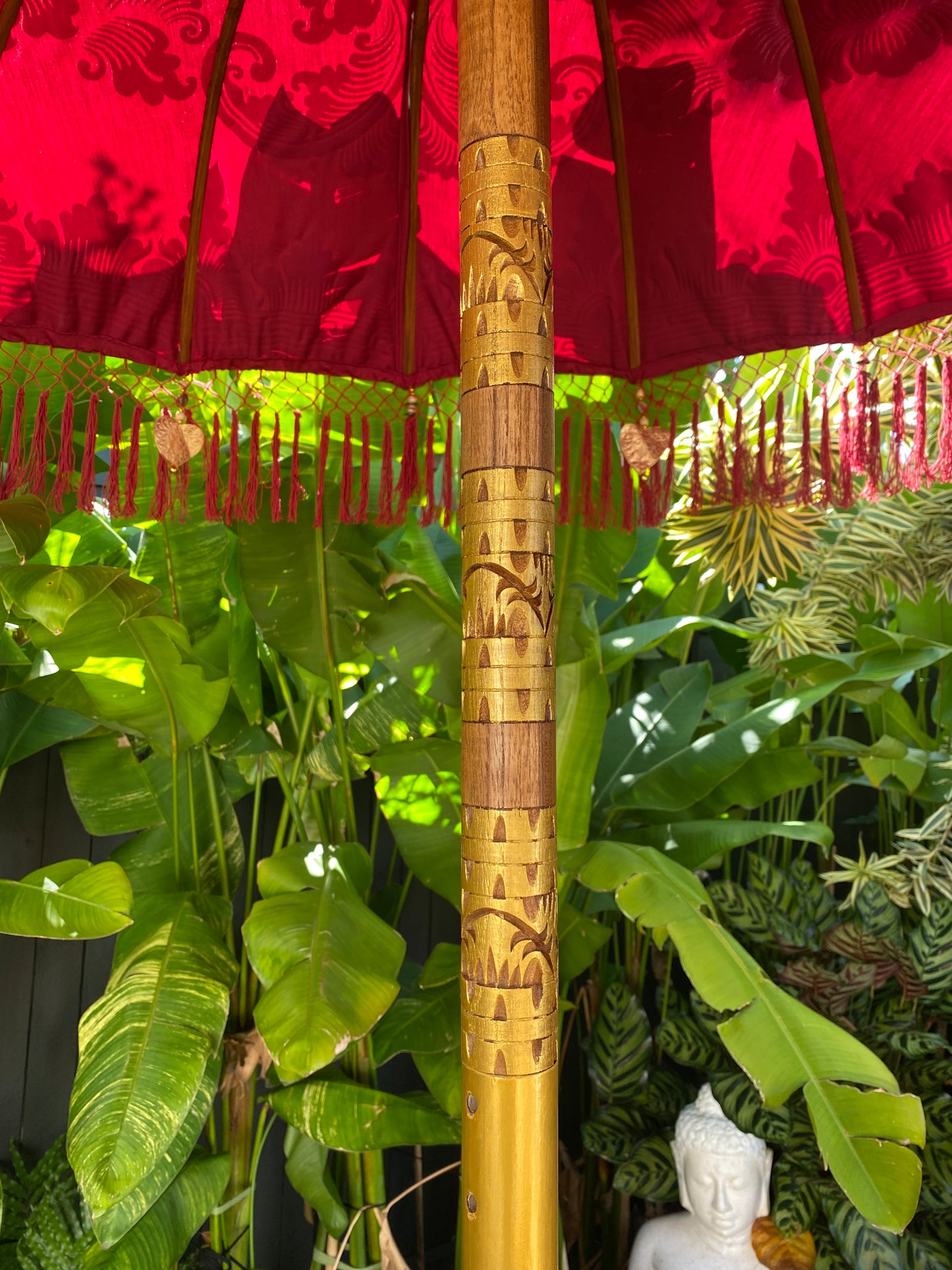 Balinese Umbrella - Red & Gold - With Pattern (2 pc Teak stick)