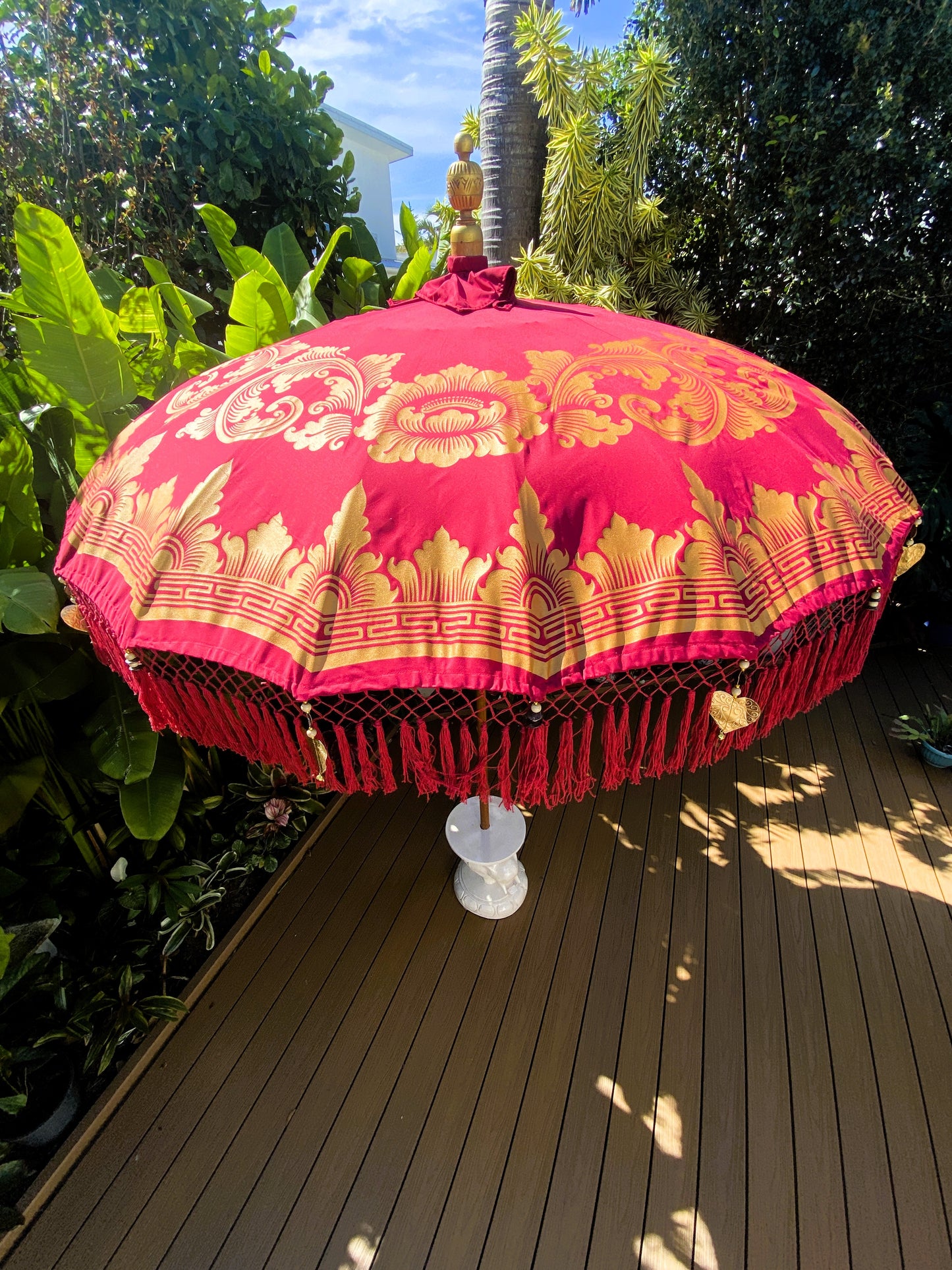 Balinese Umbrella - Red & Gold - With Pattern (2 pc Teak stick)