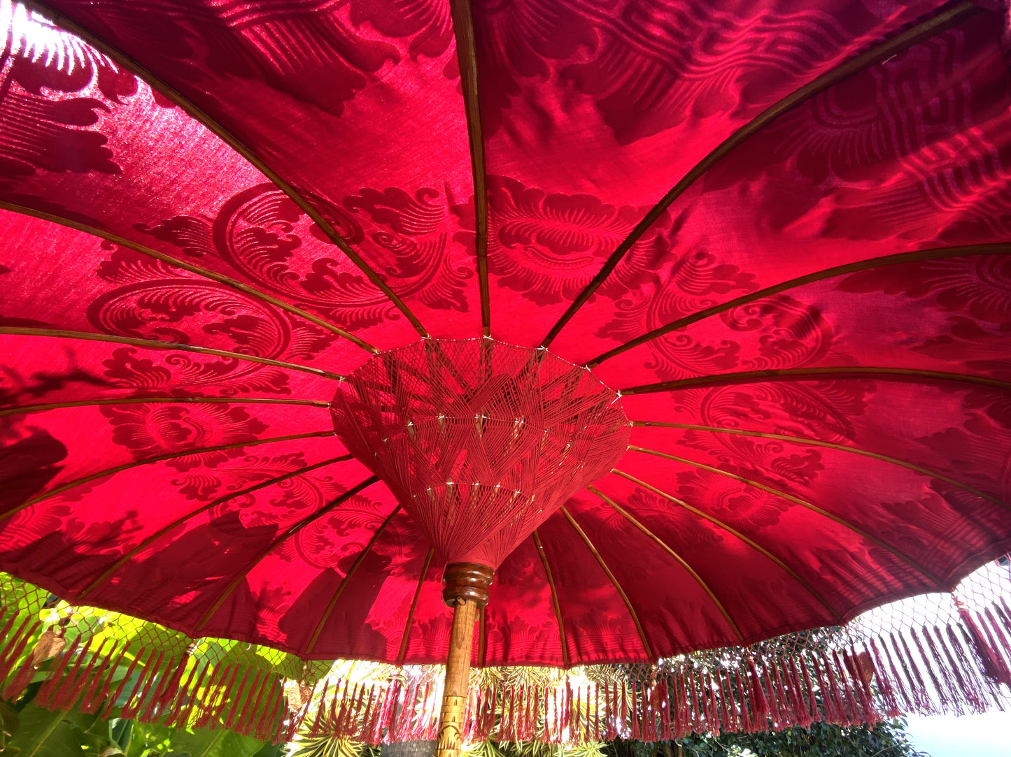 Balinese Umbrella - Red & Gold - With Pattern (2 pc Teak stick)