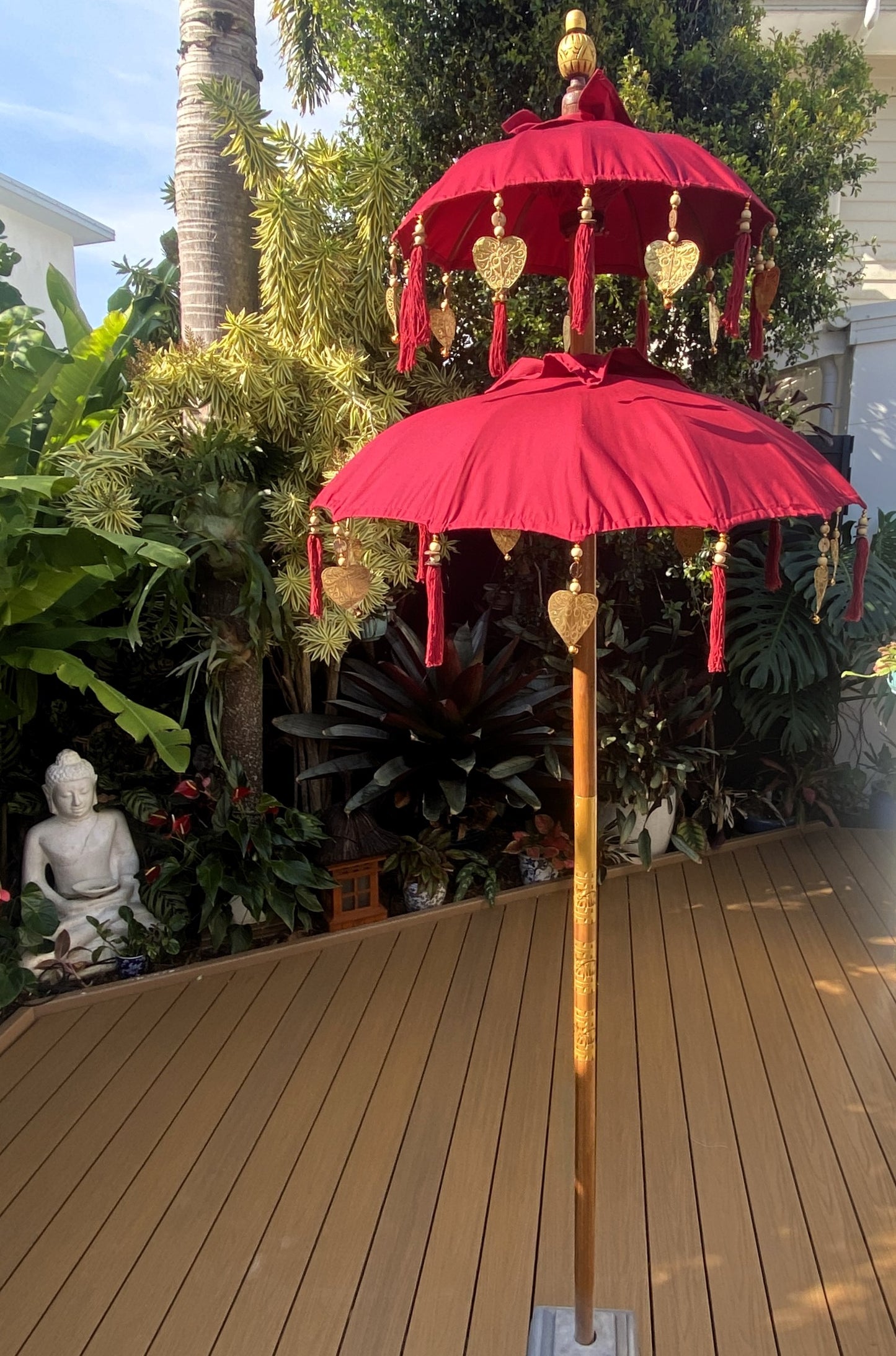 Balinese Umbrella - Red & Gold - Double     ( 2 pc Teak stick)