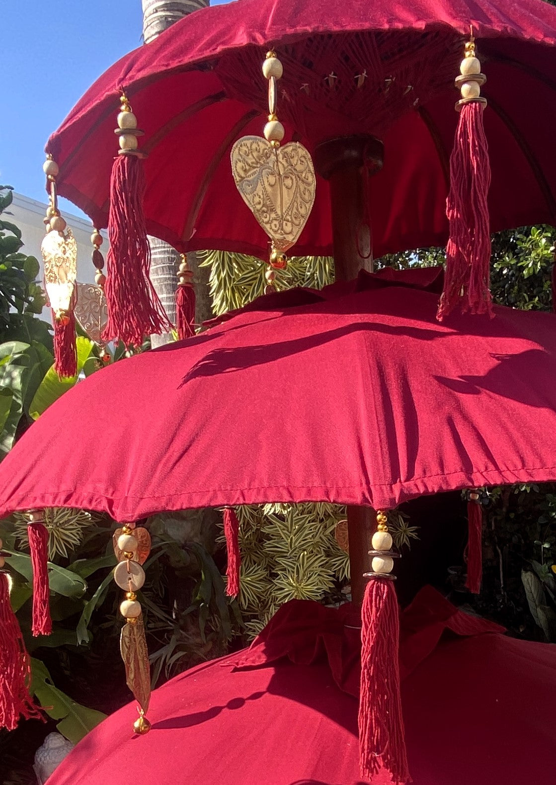 Balinese Umbrella - Red & Gold - Triple     ( 2 pc Teak stick)