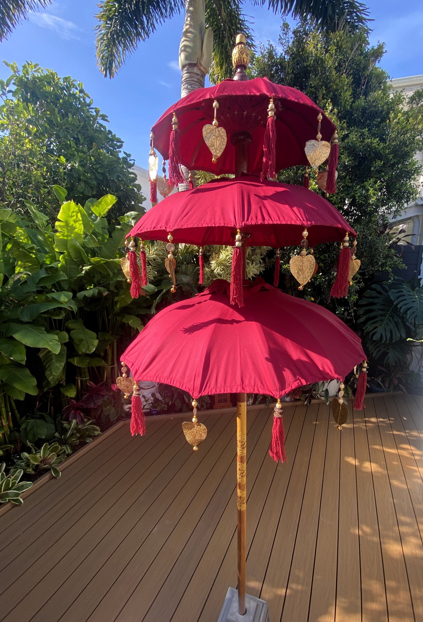 Balinese Umbrella - Red & Gold - Triple     ( 2 pc Teak stick)