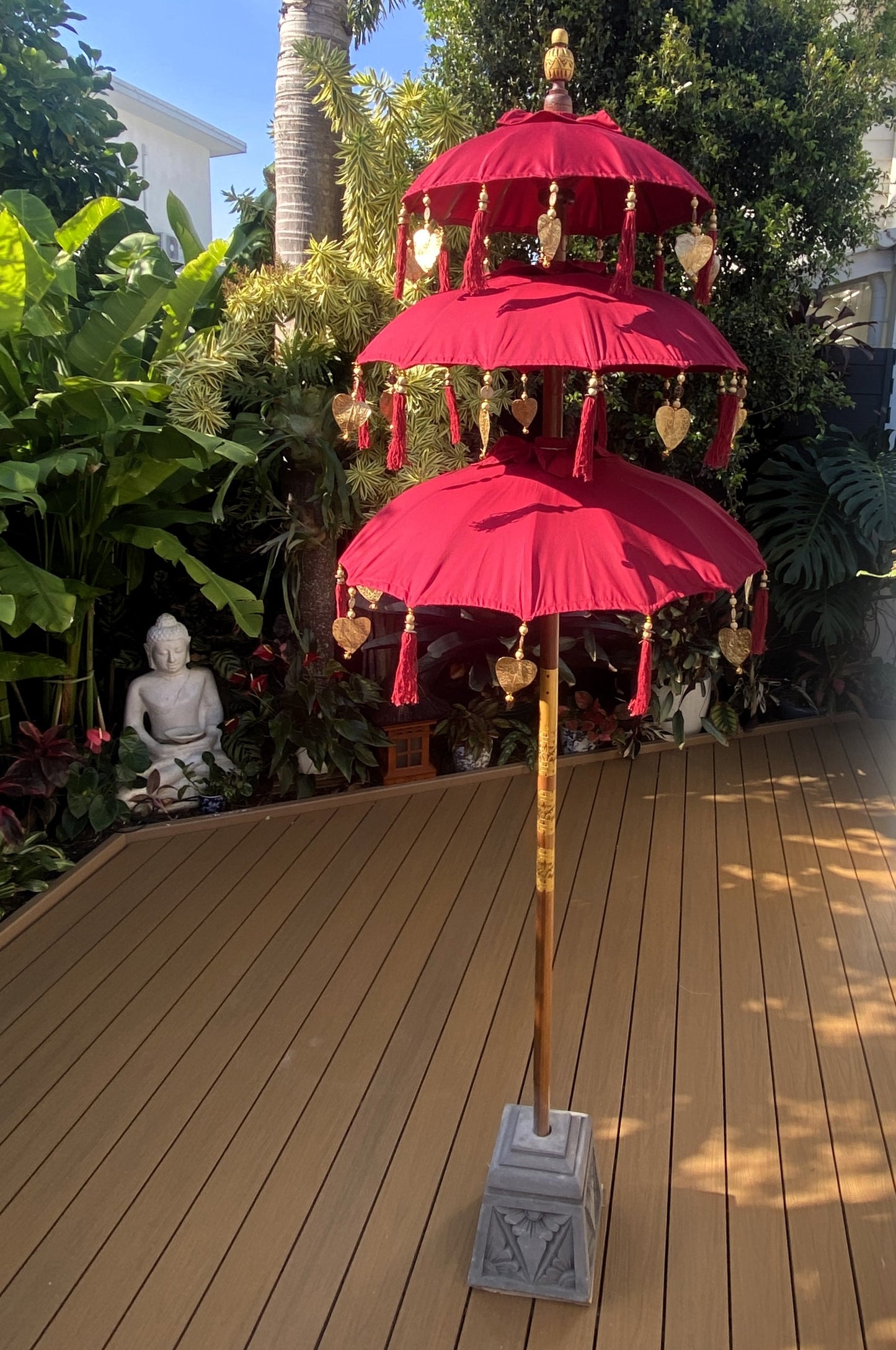 Balinese Umbrella - Red & Gold - Triple     ( 2 pc Teak stick)