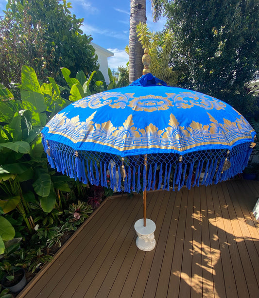 Balinese Umbrella - Royal Blue & Gold - With Pattern     (2 pc Teak stick)