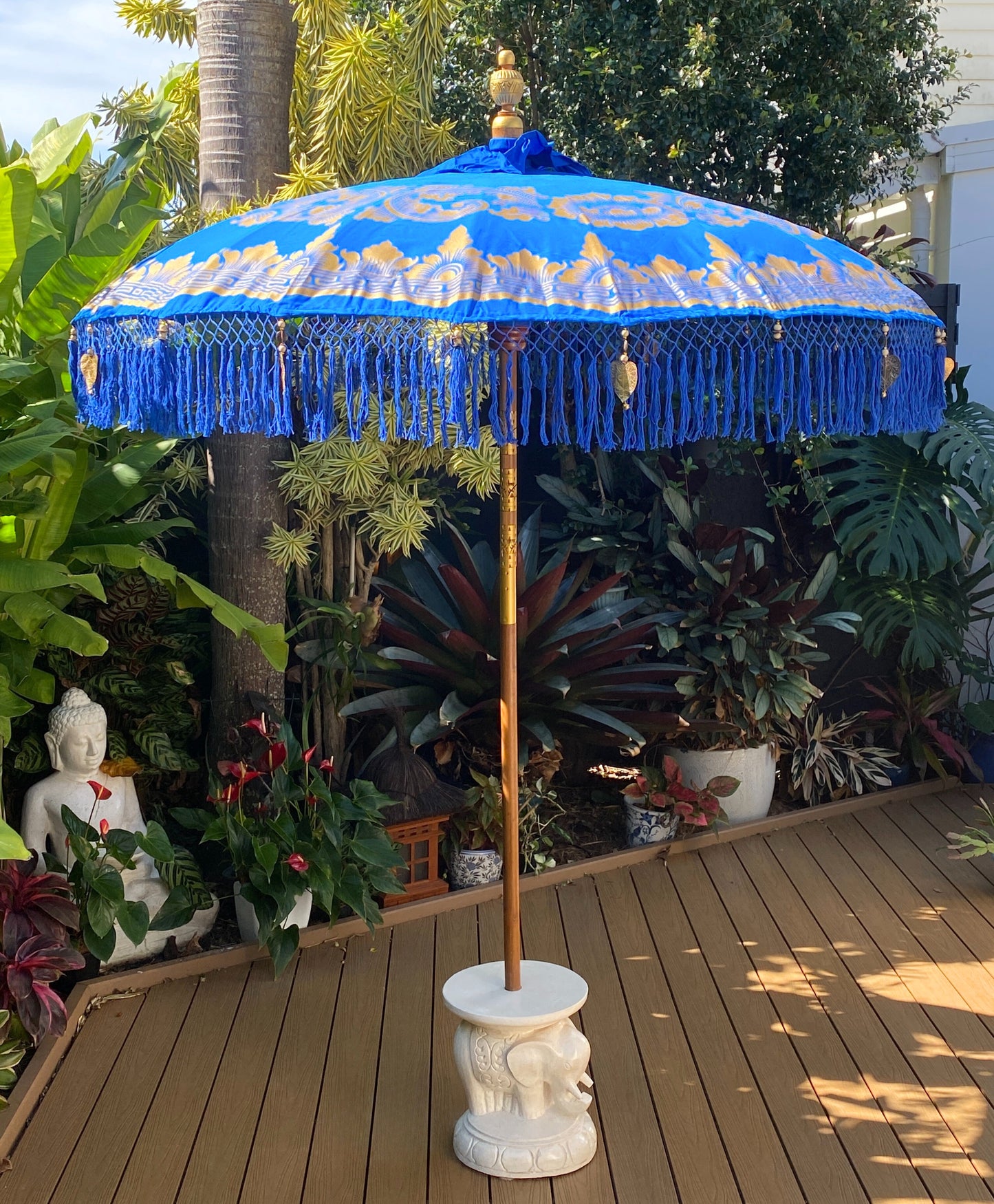 Balinese Umbrella - Royal Blue & Gold - With Pattern     (2 pc Teak stick)