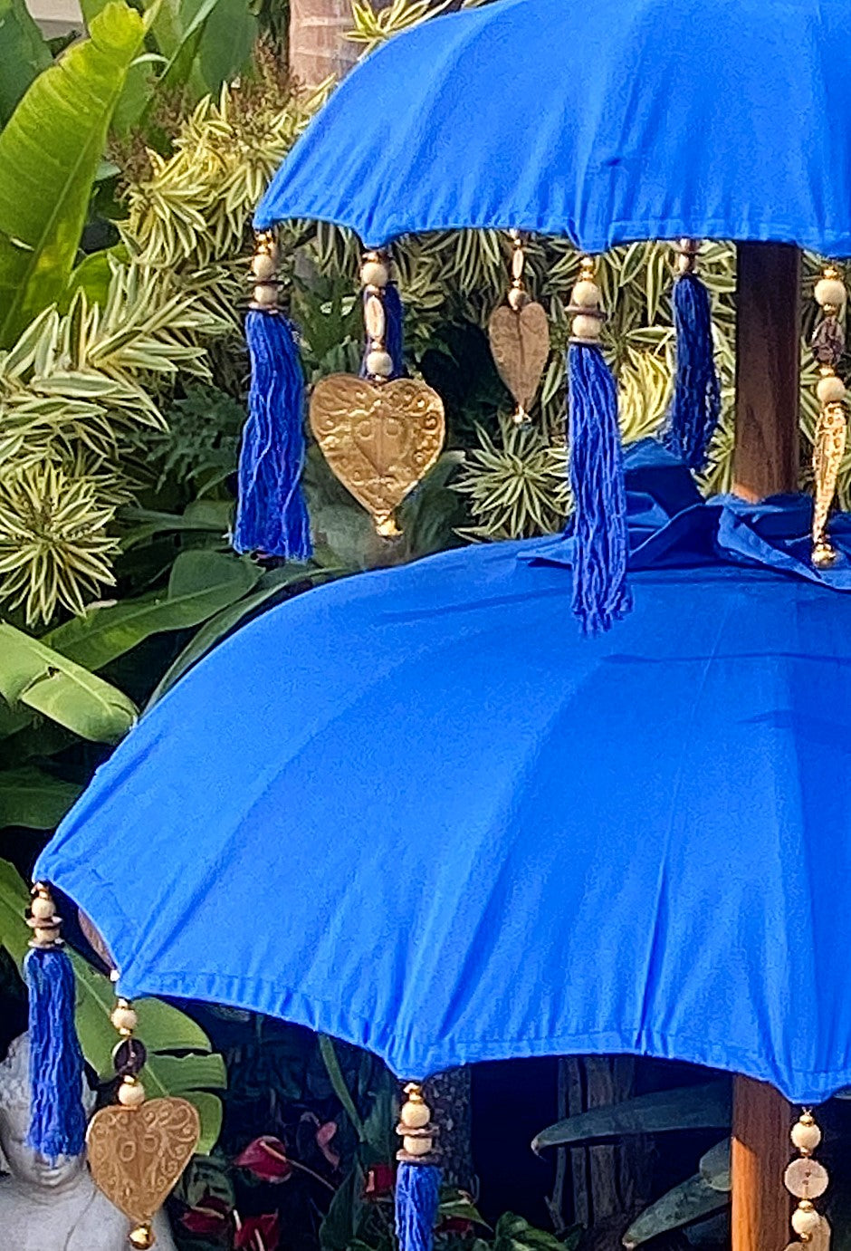 Balinese Umbrella - Royal Blue & Gold - Double     ( 2 pc Teak stick)