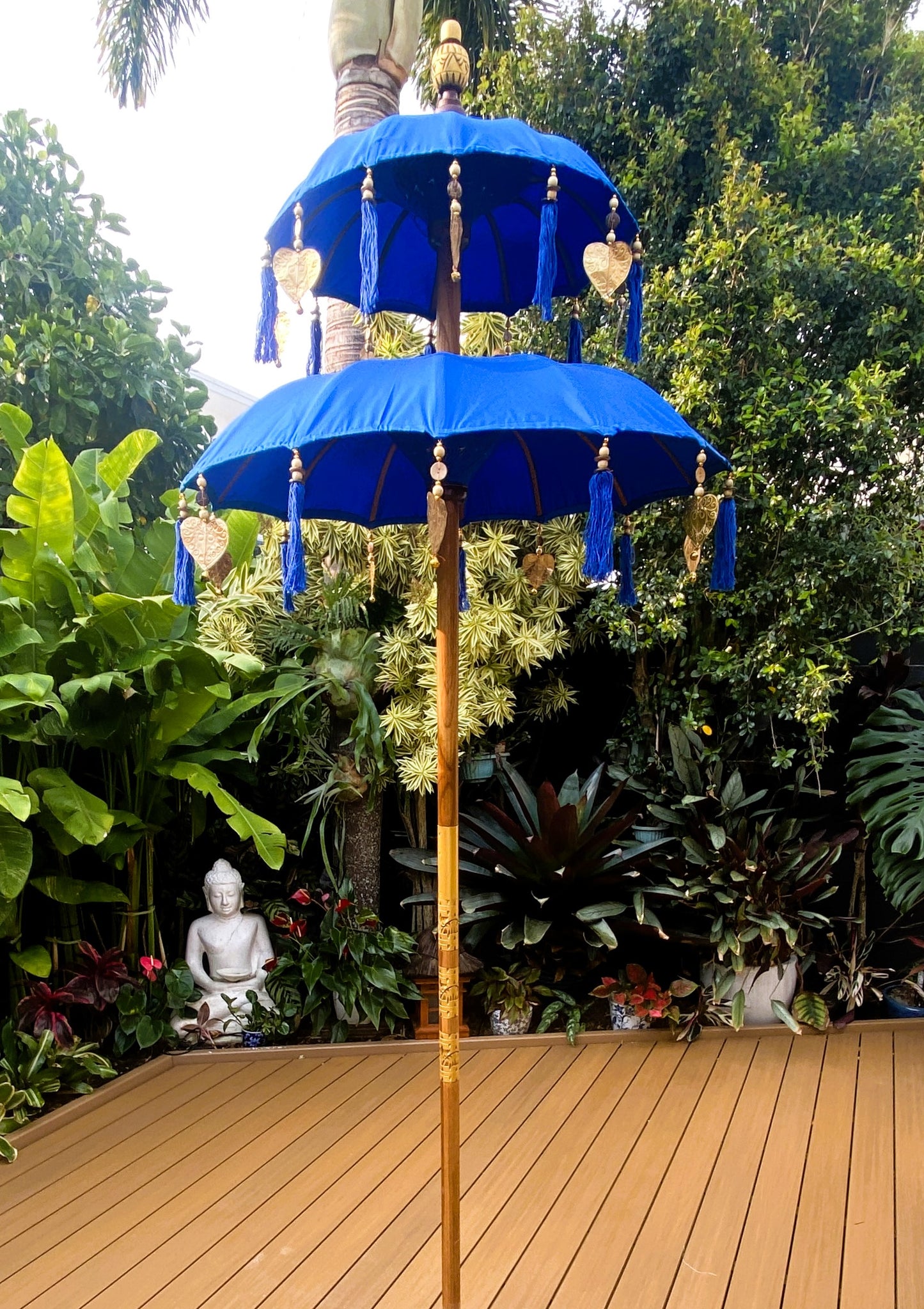 Balinese Umbrella - Royal Blue & Gold - Double     ( 2 pc Teak stick)
