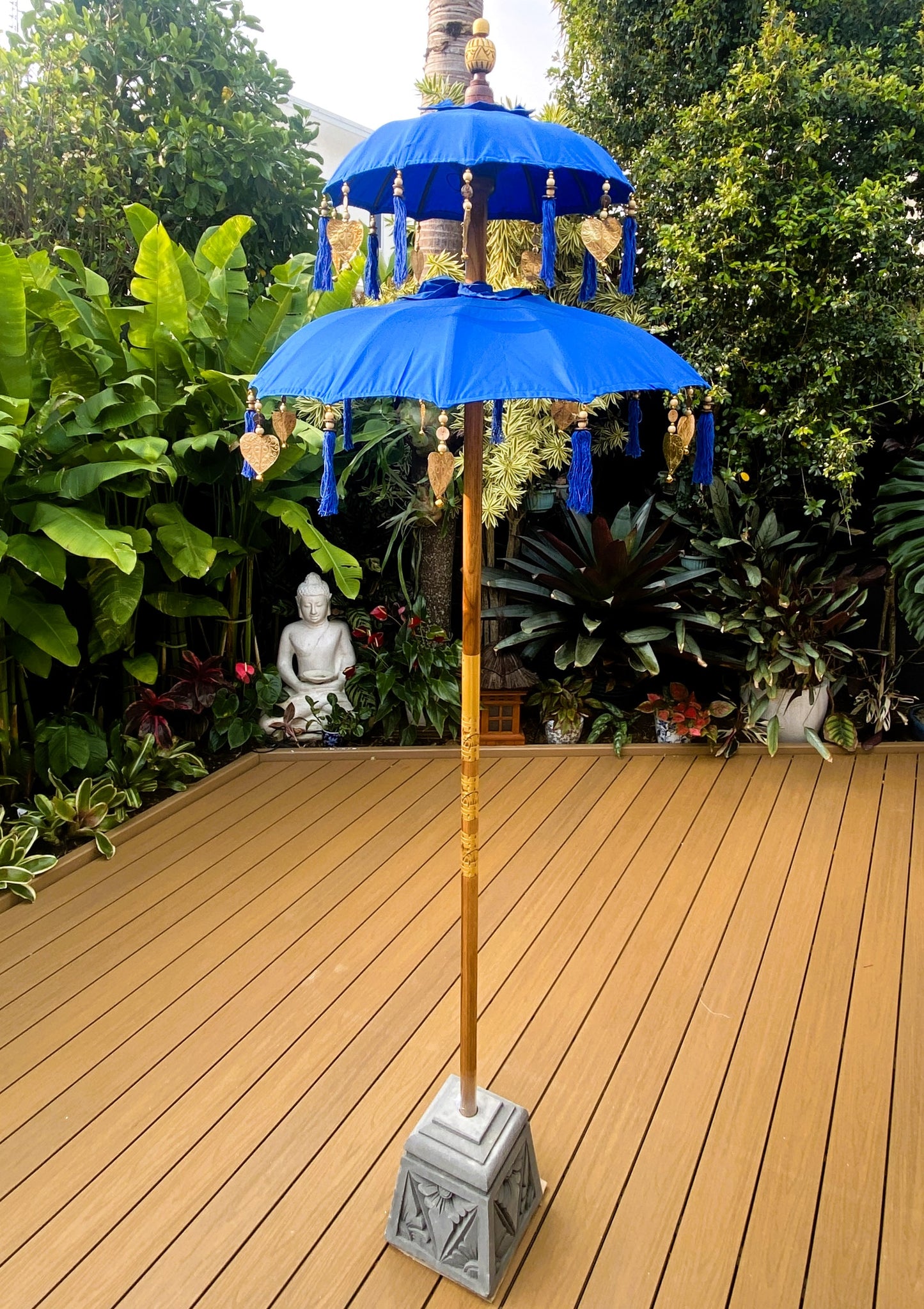 Balinese Umbrella - Royal Blue & Gold - Double     ( 2 pc Teak stick)