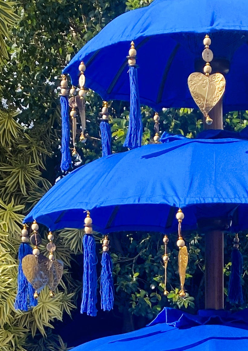 Balinese Umbrella - Royal Blue & Gold - Triple     ( 2 pc Teak stick)