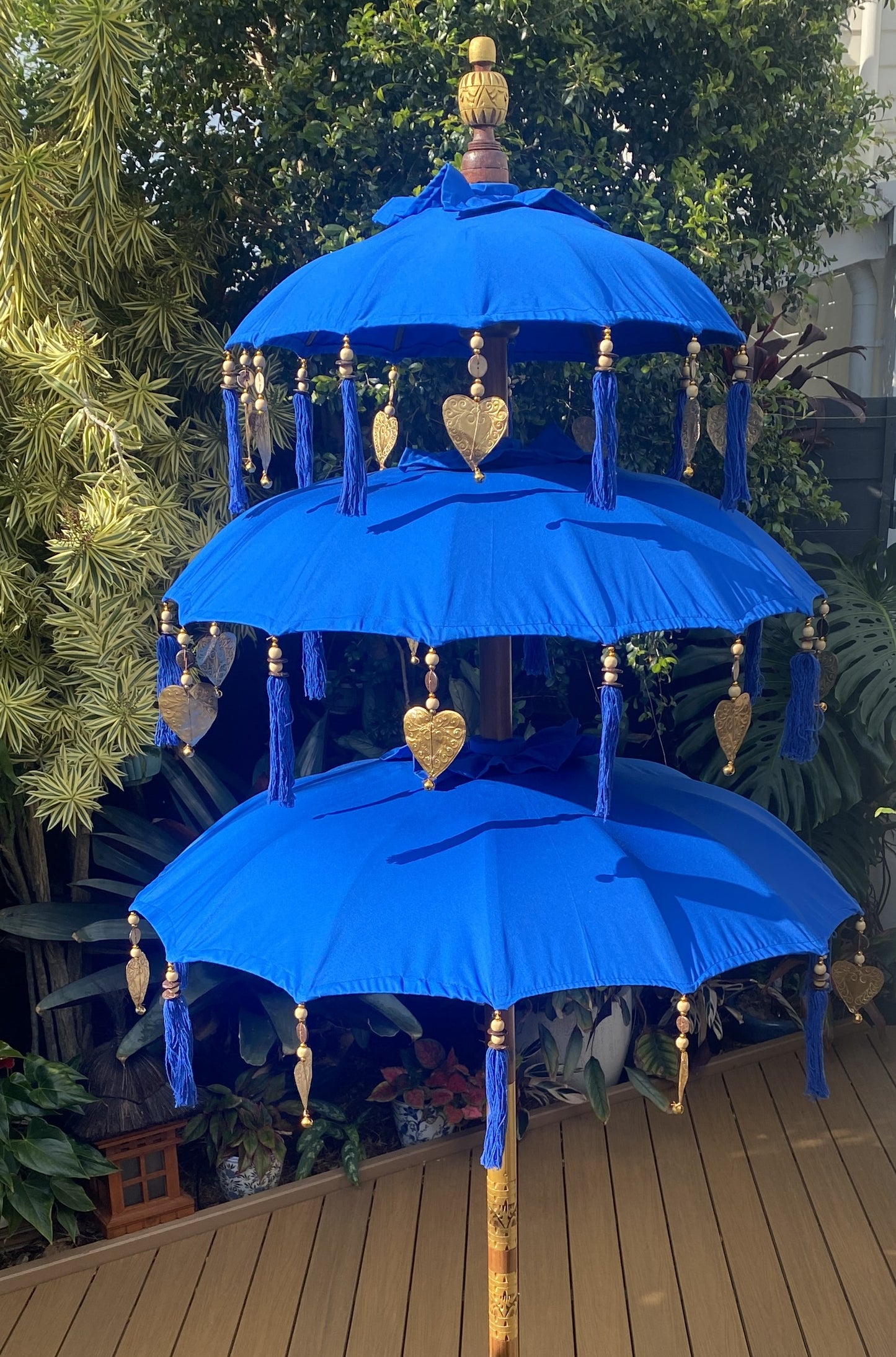 Balinese Umbrella - Royal Blue & Gold - Triple     ( 2 pc Teak stick)