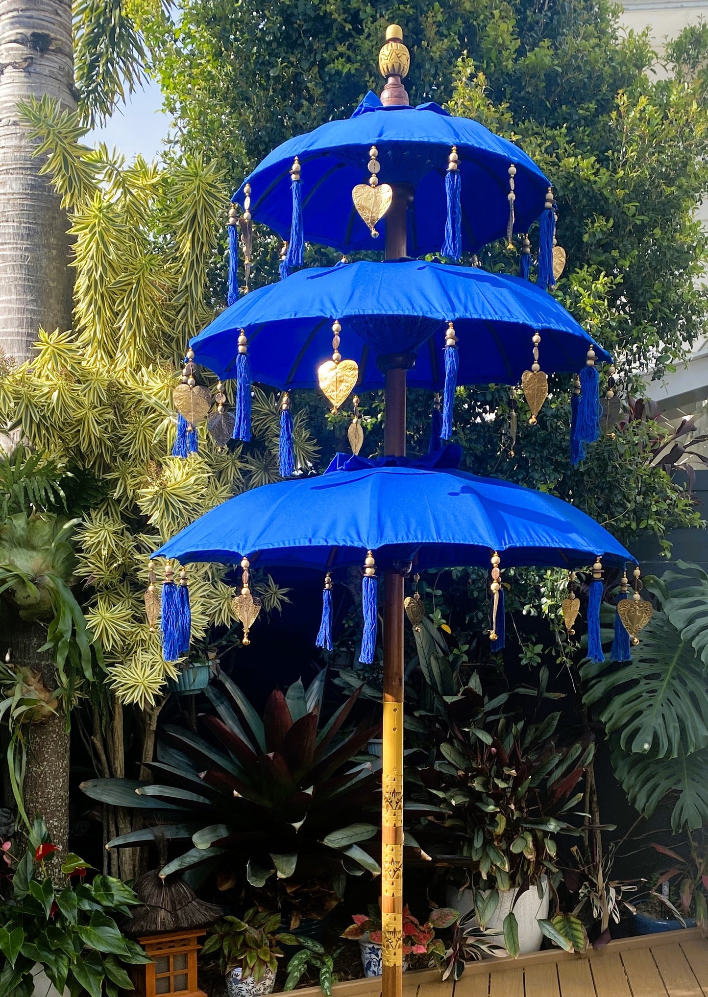 Balinese Umbrella - Royal Blue & Gold - Triple     ( 2 pc Teak stick)