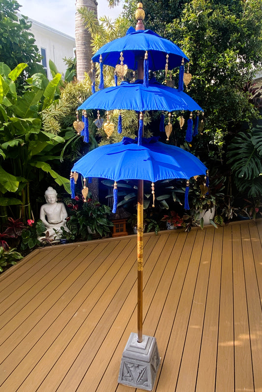 Balinese Umbrella - Royal Blue & Gold - Triple     ( 2 pc Teak stick)