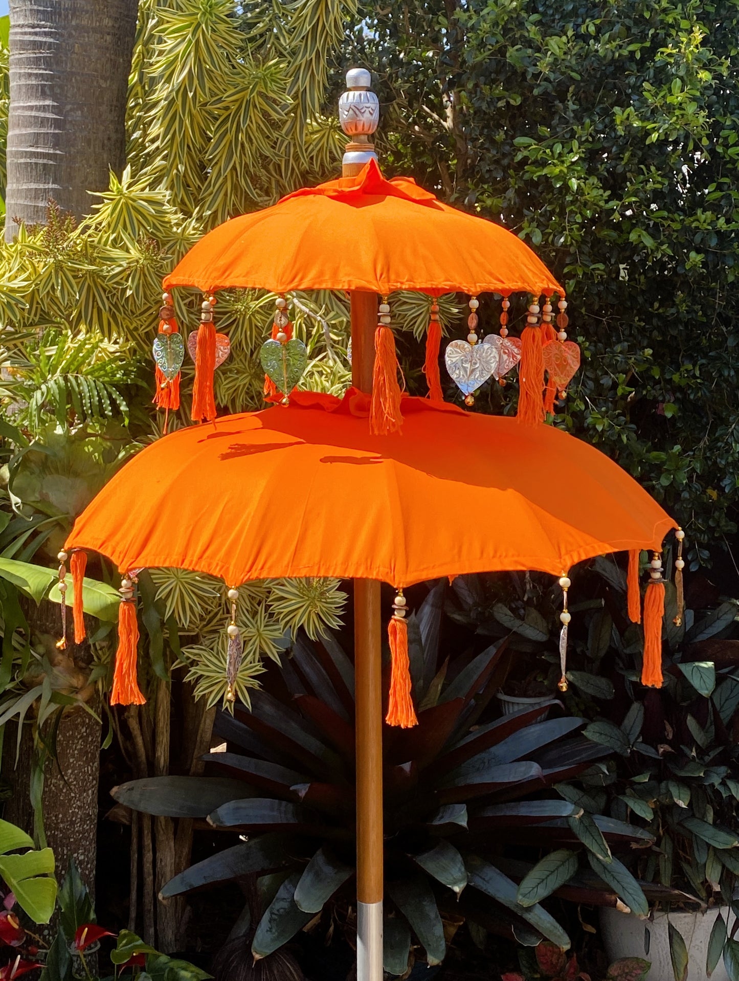 Balinese Umbrella - Orange & Silver - Double    ( 2 pc Teak stick)