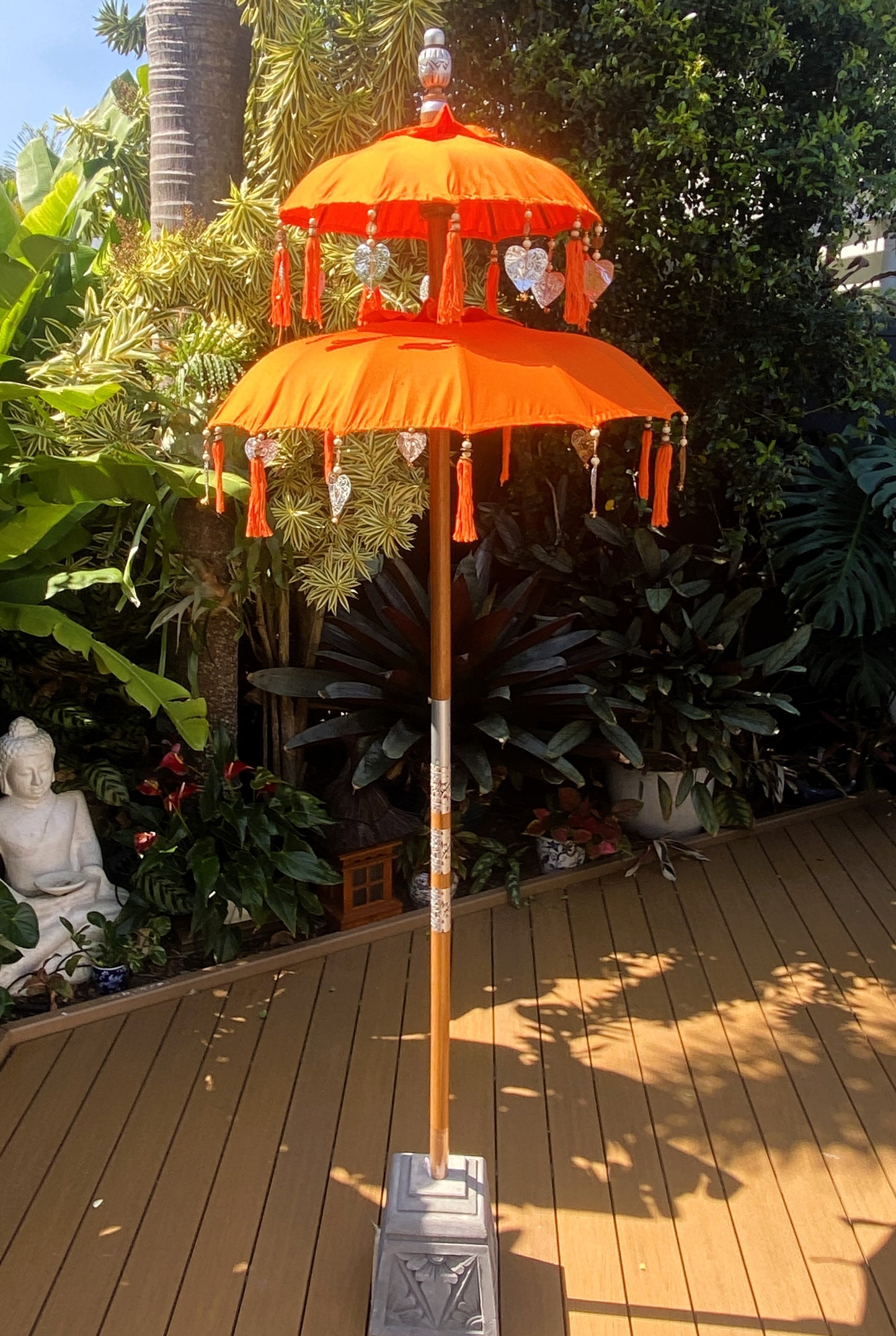 Balinese Umbrella - Orange & Silver - Double    ( 2 pc Teak stick)