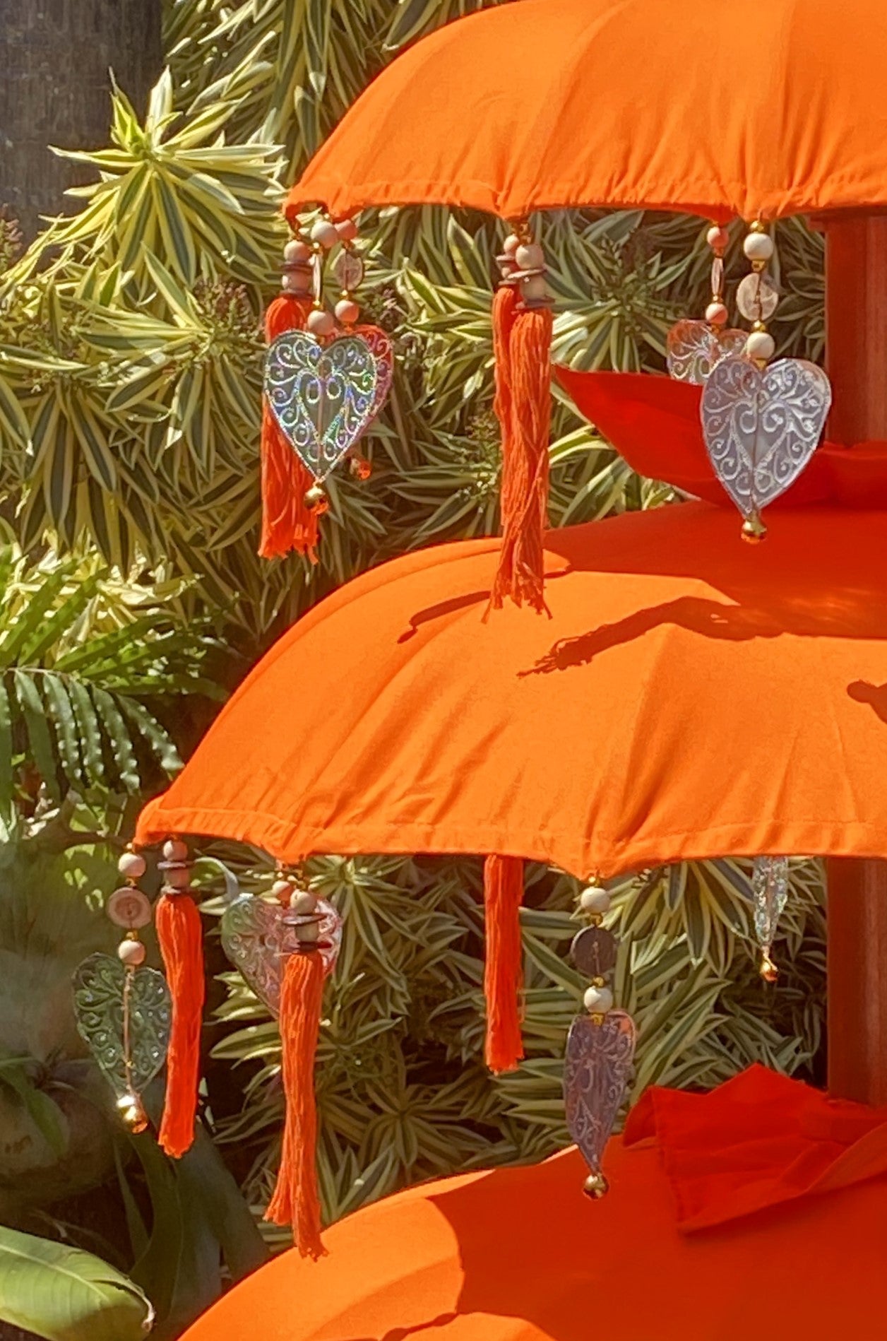 Balinese Umbrella - Orange & Silver - Triple     ( 2 pc Teak stick)