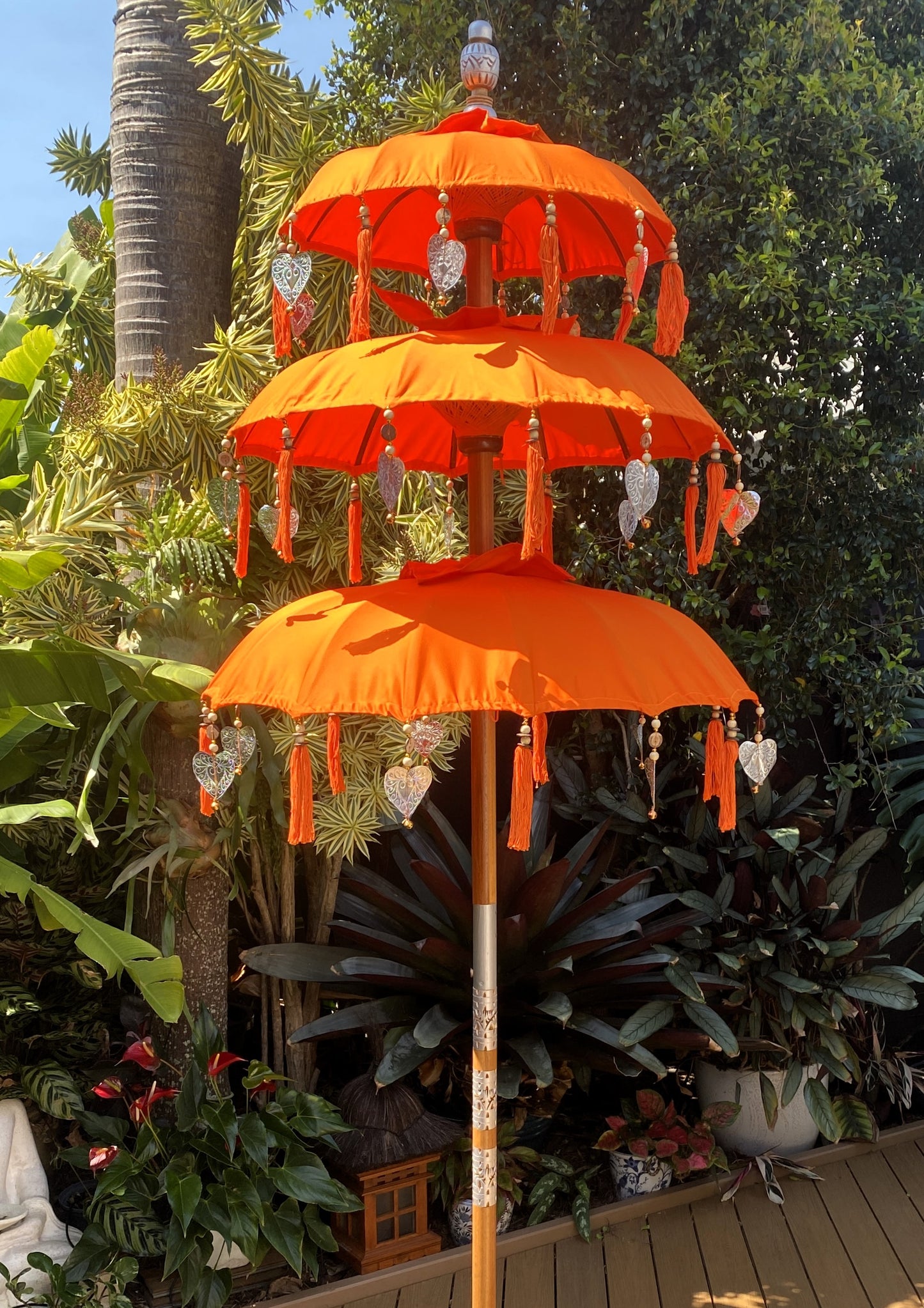 Balinese Umbrella - Orange & Silver - Triple     ( 2 pc Teak stick)