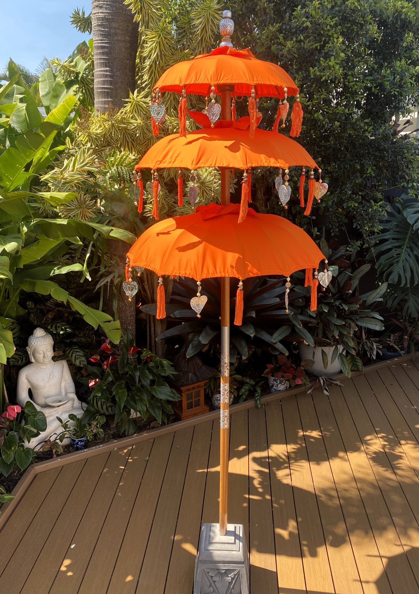 Balinese Umbrella - Orange & Silver - Triple     ( 2 pc Teak stick)