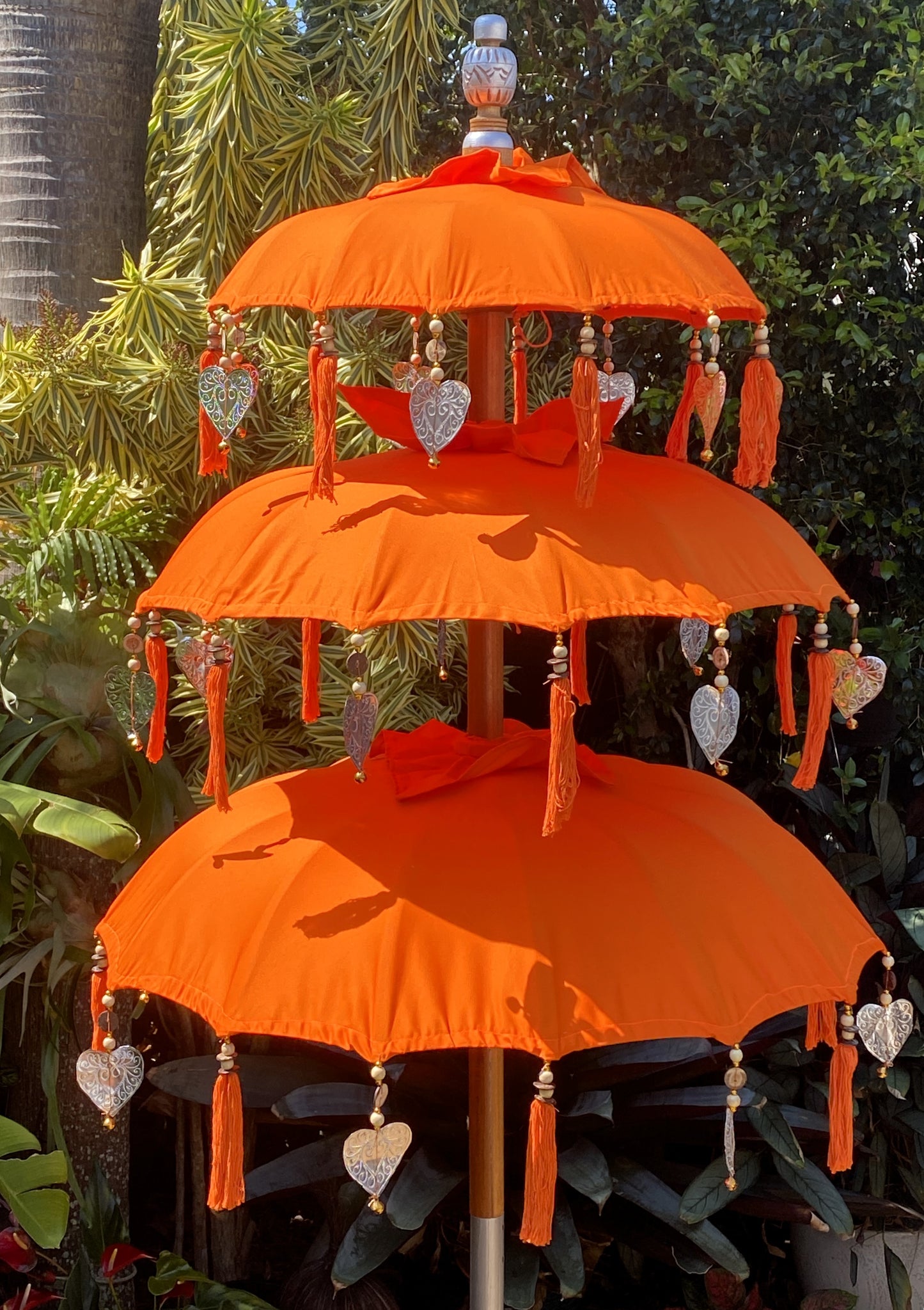 Balinese Umbrella - Orange & Silver - Triple     ( 2 pc Teak stick)