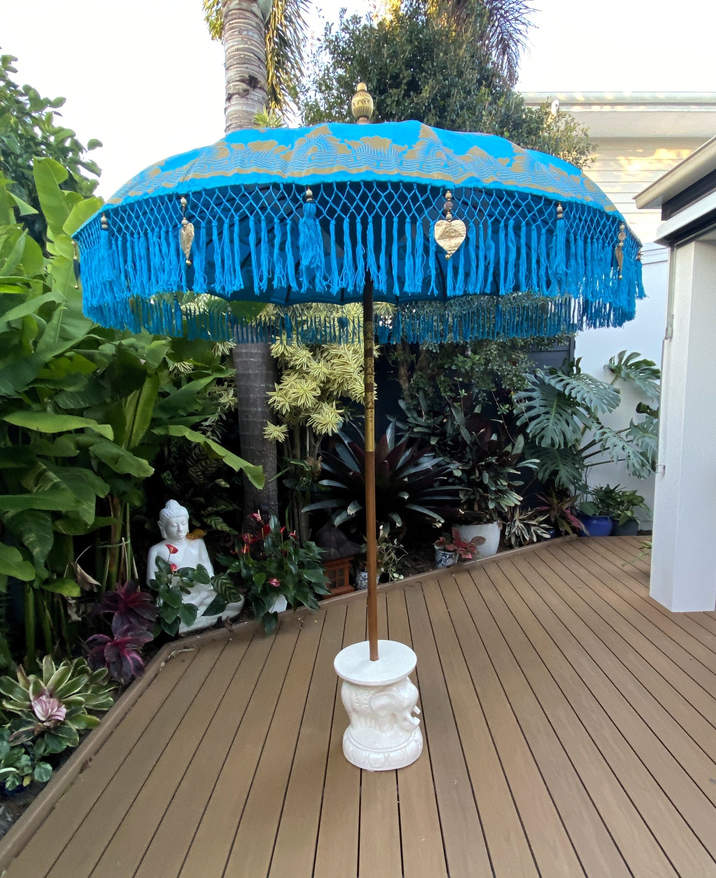 Balinese Umbrella - Turquoise & Gold - With Pattern     (2 pc Teak stick)