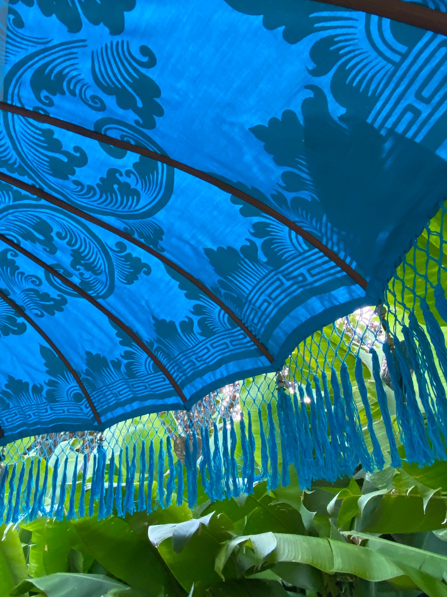 Balinese Umbrella - Turquoise & Gold - With Pattern     (2 pc Teak stick)