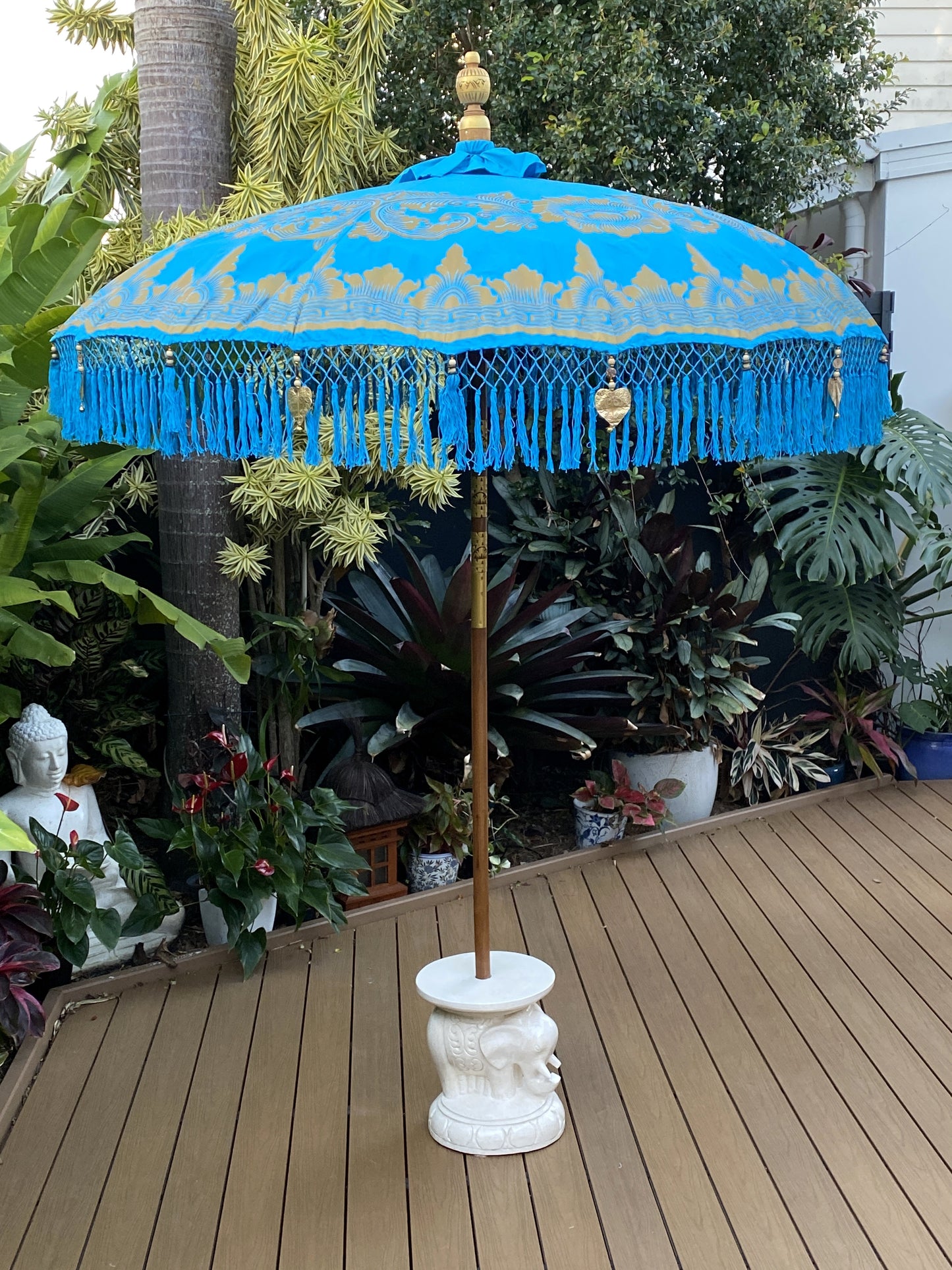 Balinese Umbrella - Turquoise & Gold - With Pattern     (2 pc Teak stick)