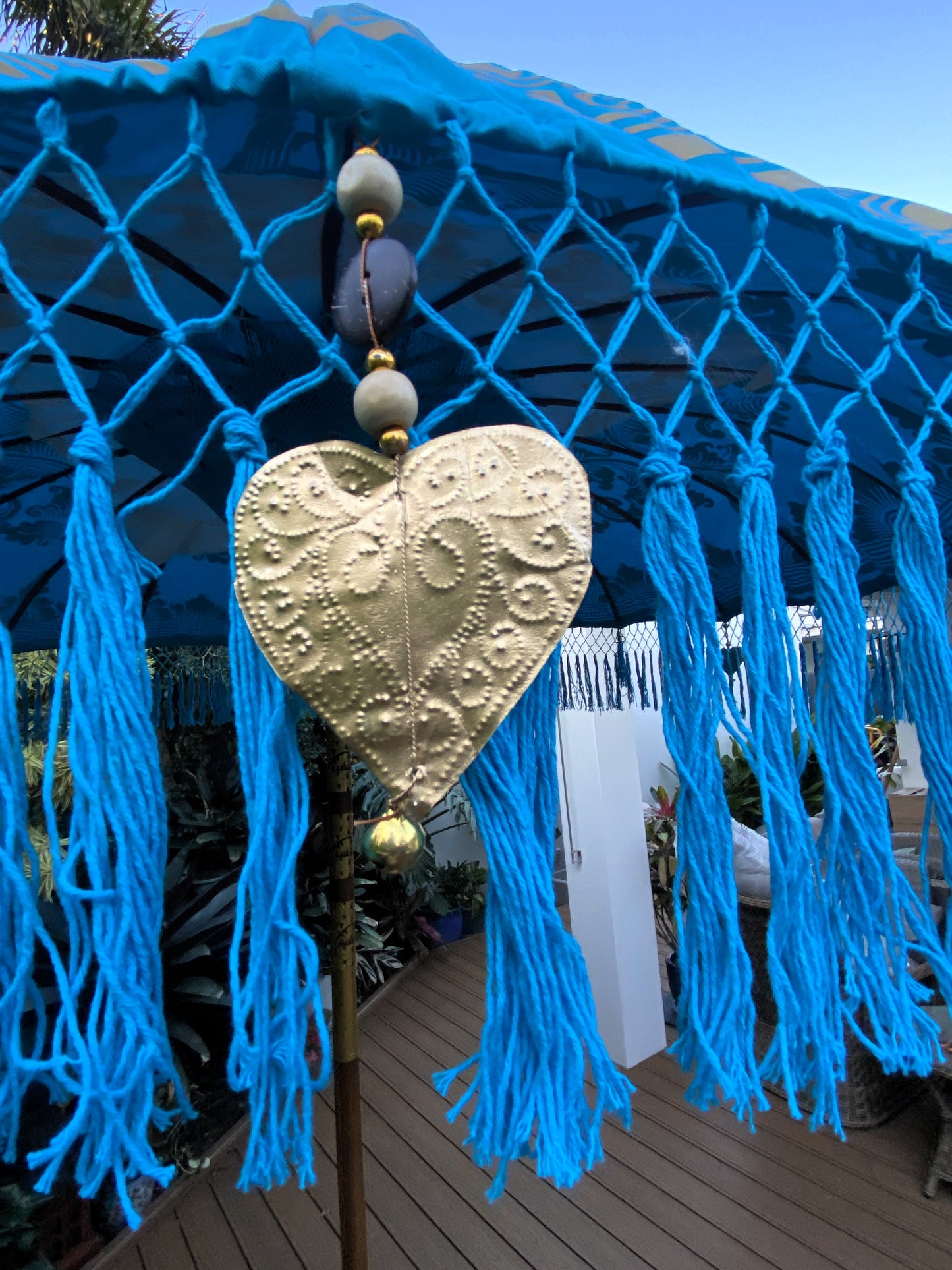 Balinese Umbrella - Turquoise & Gold - With Pattern     (2 pc Teak stick)