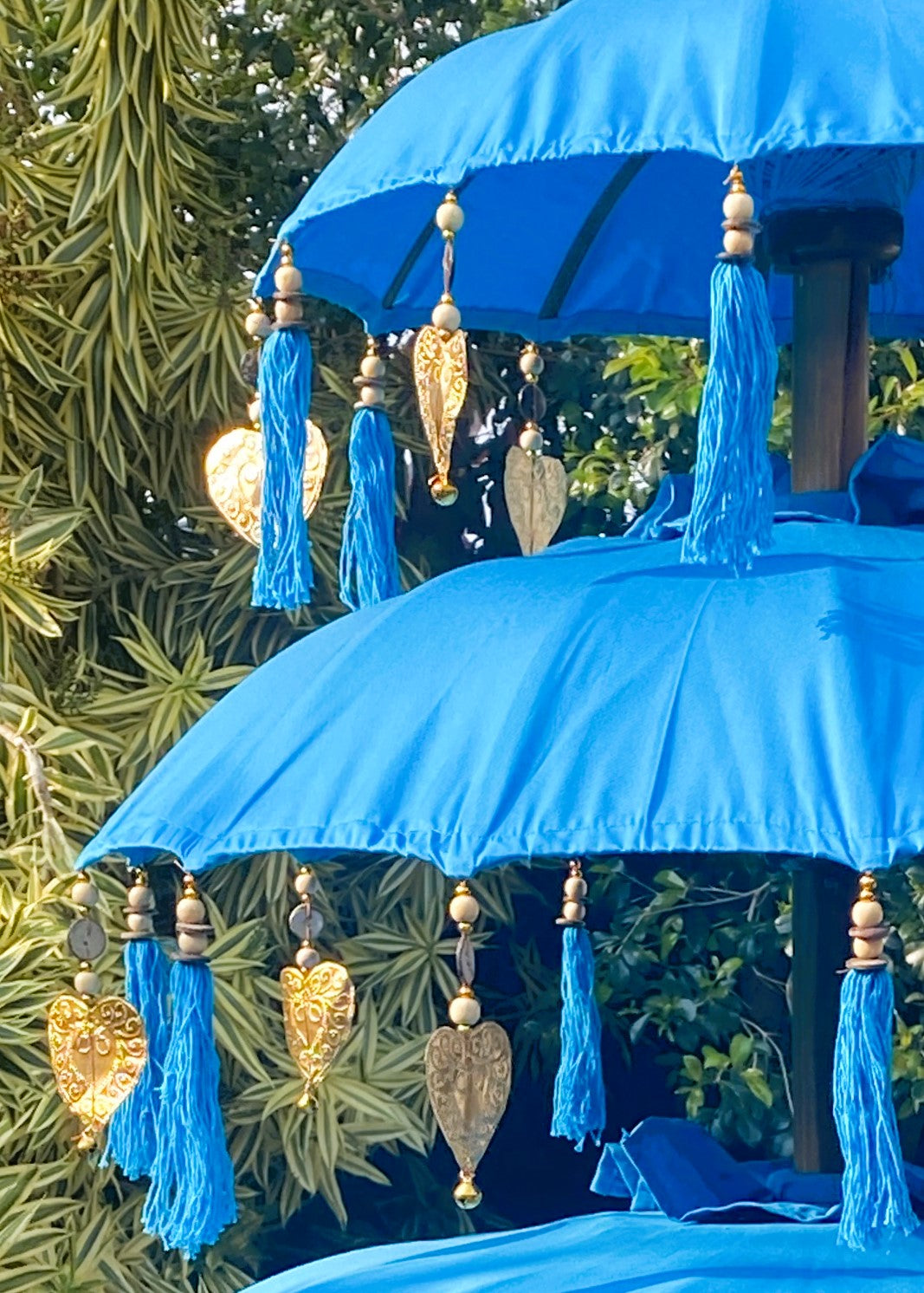Balinese Umbrella - Turquoise & Gold - Triple     ( 2 pc Teak stick)
