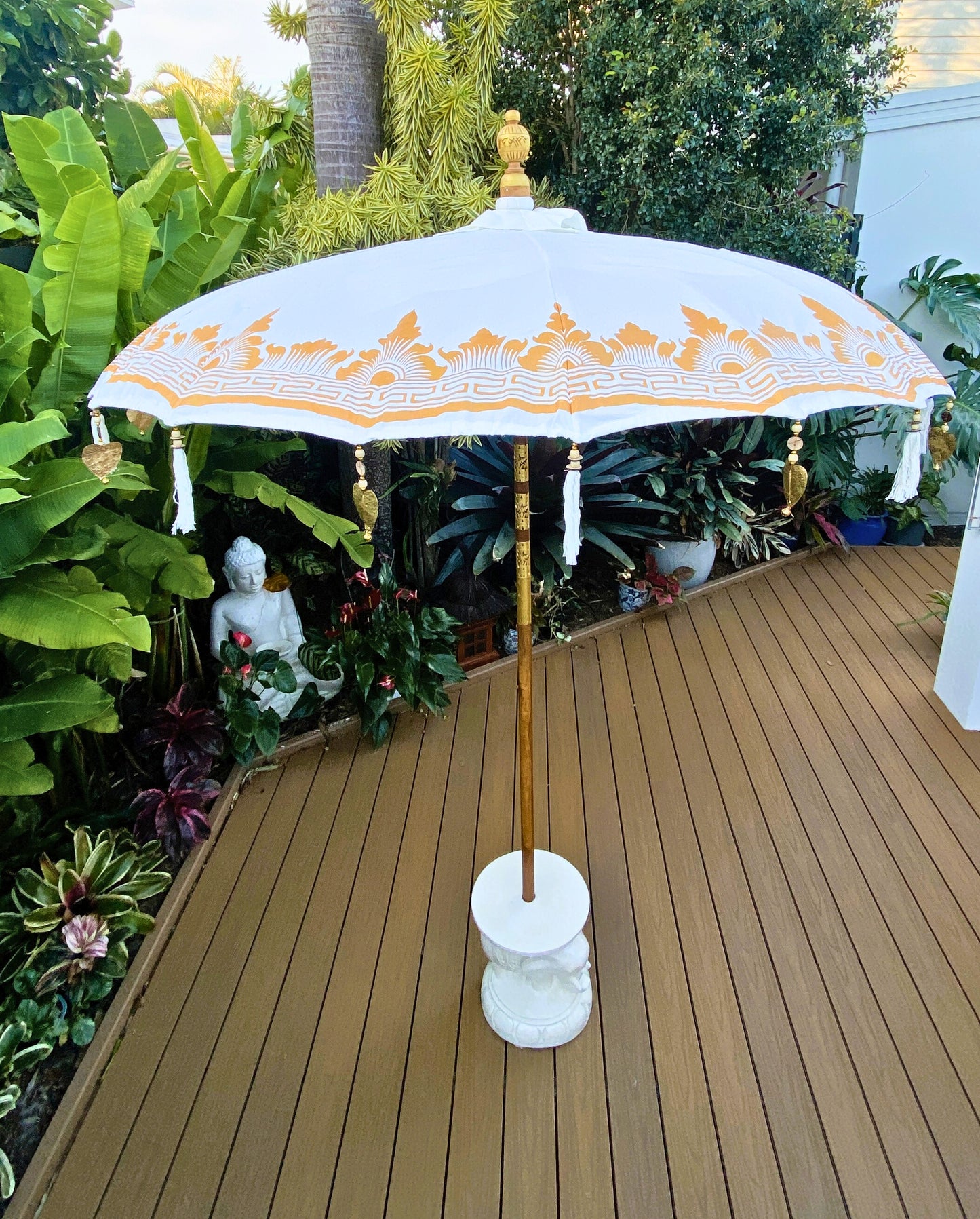 Balinese Umbrella - Off White & Gold - With Pattern     ( 2 pc Teak stick)