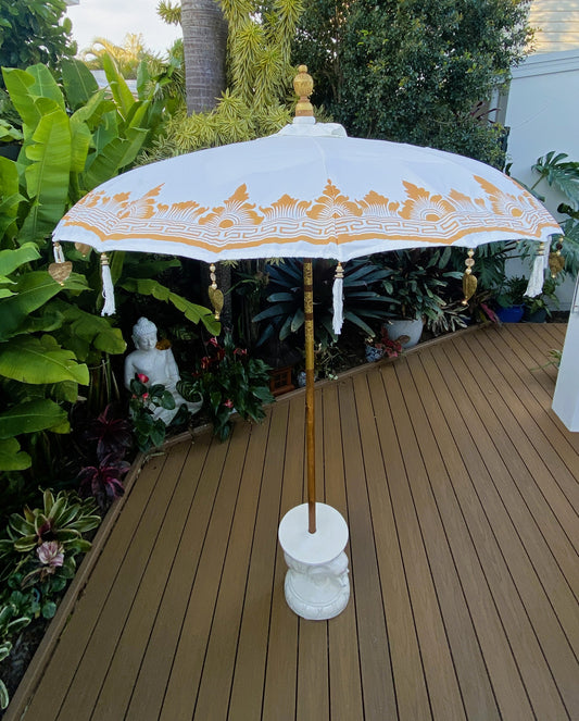 Balinese Umbrella - Off White & Gold - With Pattern     ( 2 pc Teak stick)