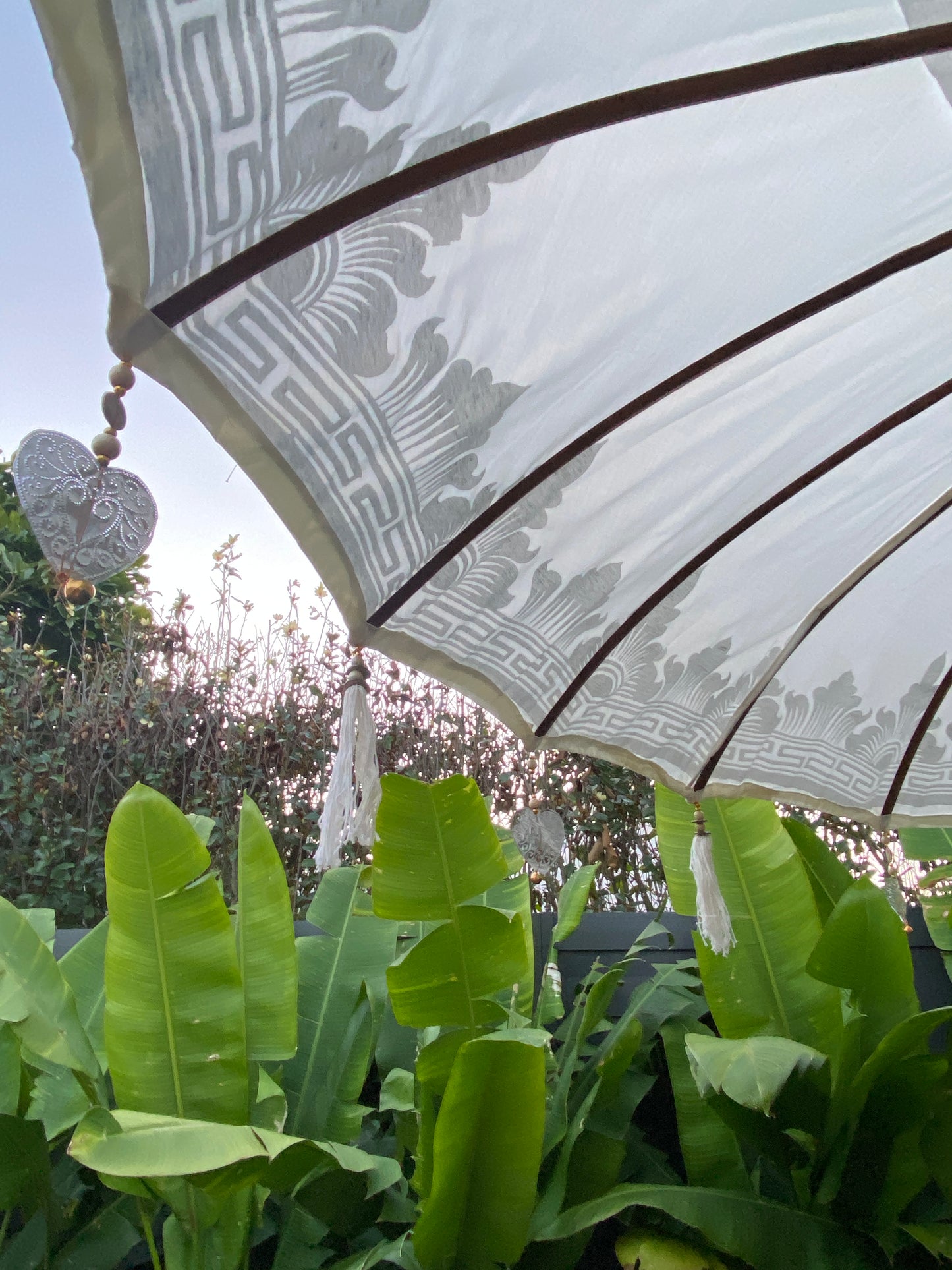 Balinese Umbrella - Off White & Silver - With Pattern     ( 2 pc Teak stick)