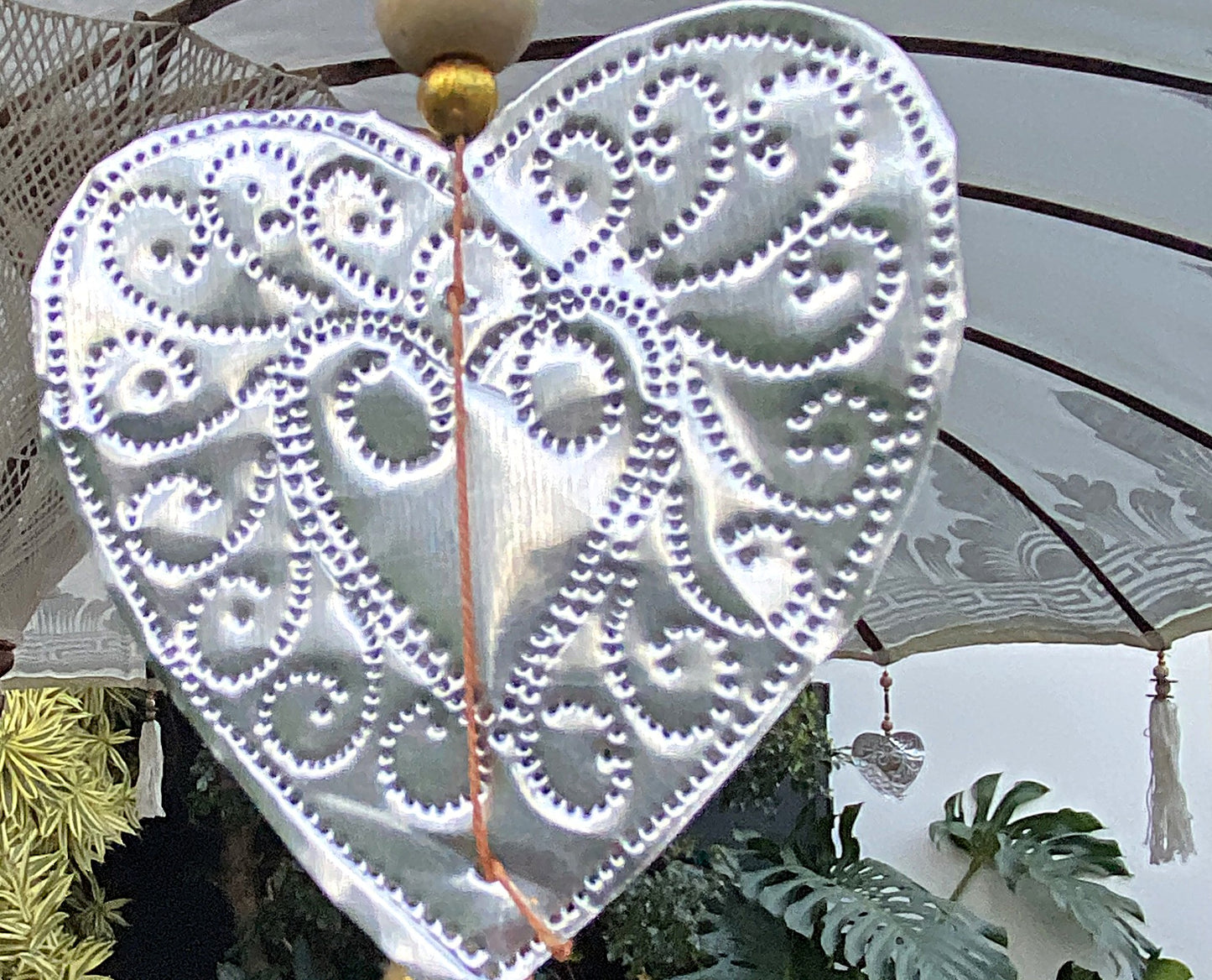 Balinese Umbrella - Off White & Silver - With Pattern     ( 2 pc Teak stick)