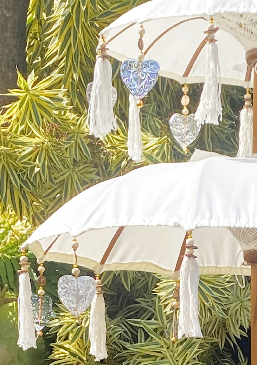 Balinese Umbrella - Off White & Silver - Double     ( 2 pc Teak stick)