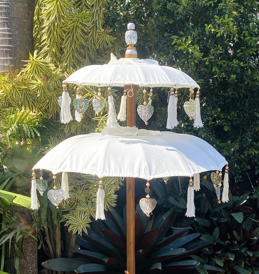 Balinese Umbrella - Off White & Silver - Double     ( 2 pc Teak stick)