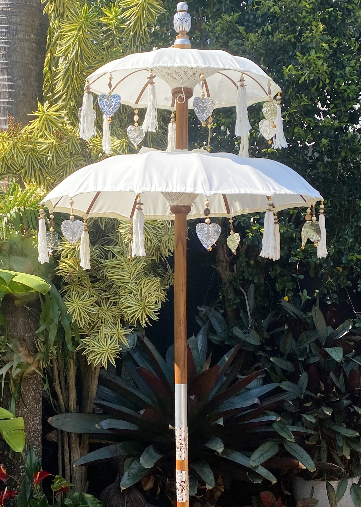 Balinese Umbrella - Off White & Silver - Double     ( 2 pc Teak stick)