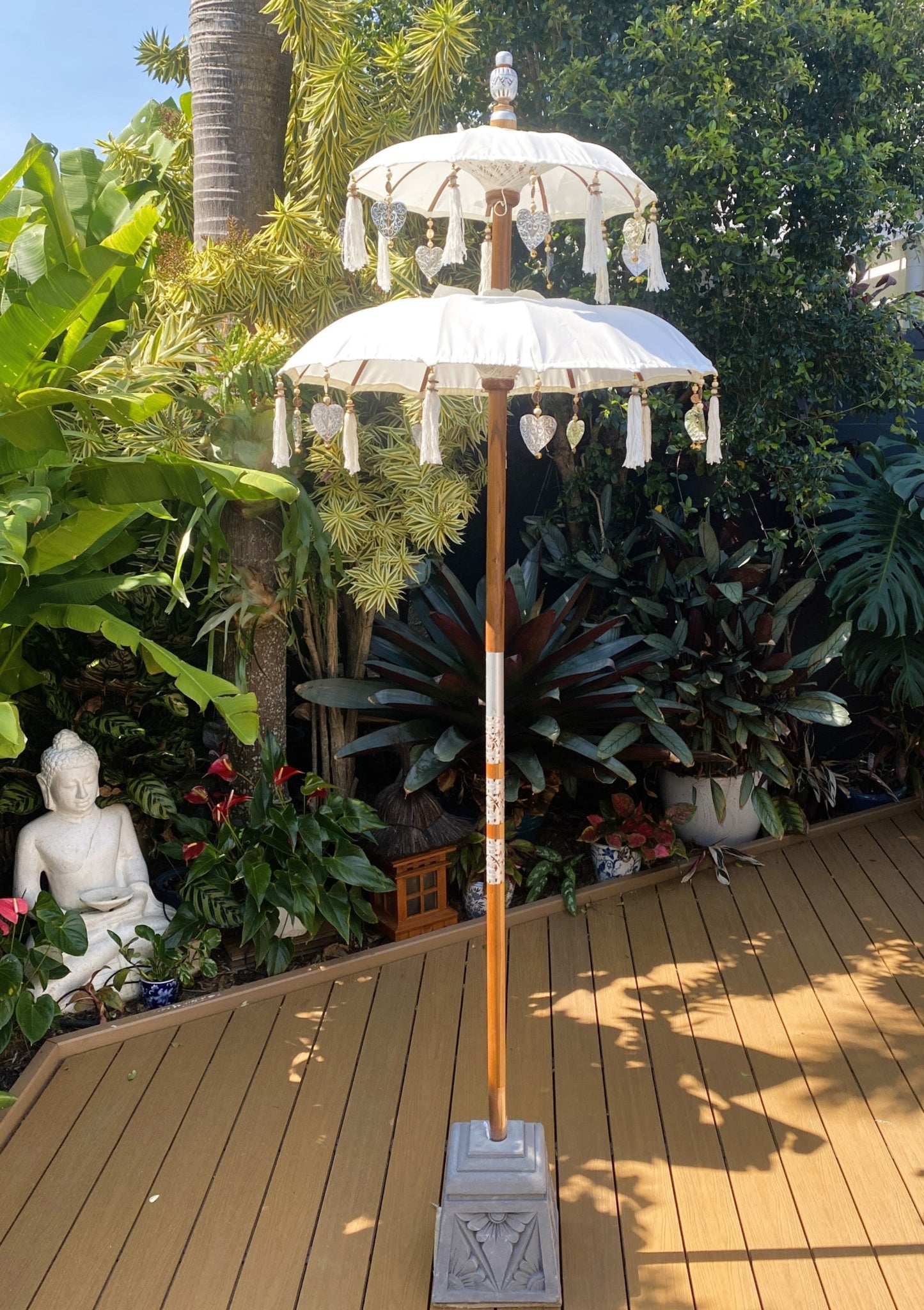 Balinese Umbrella - Off White & Silver - Double     ( 2 pc Teak stick)