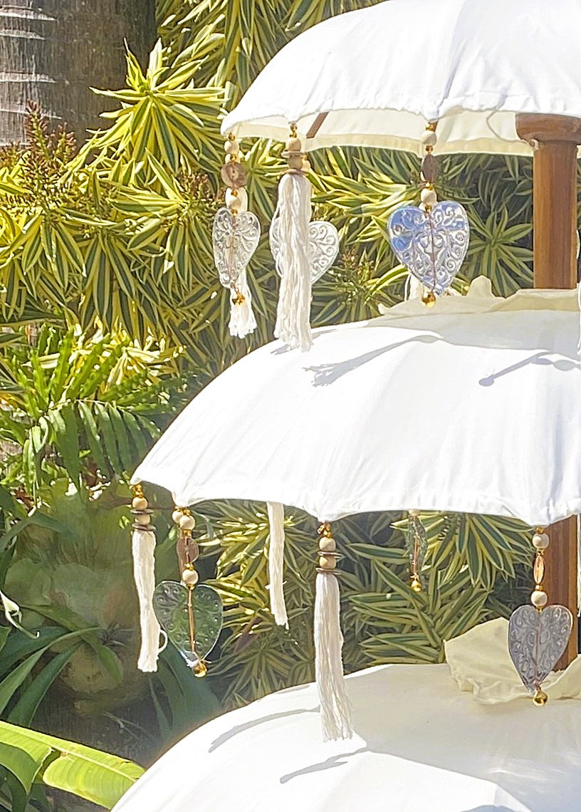 Balinese Umbrella - Off White & Silver - Triple     ( 2 pc Teak stick)
