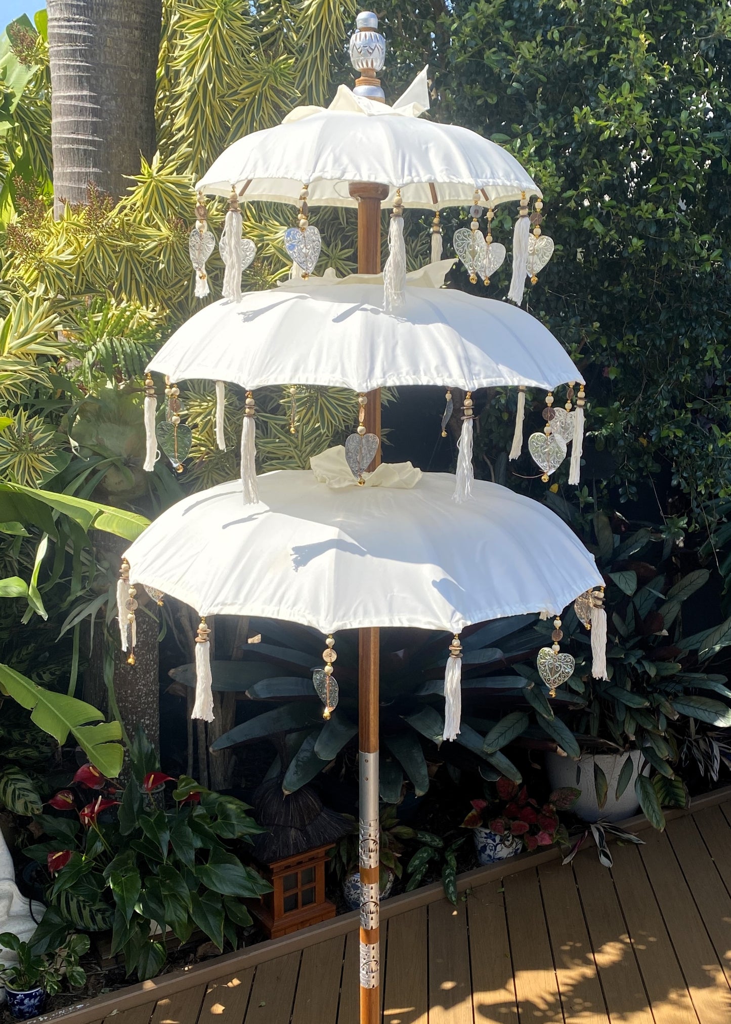 Balinese Umbrella - Off White & Silver - Triple     ( 2 pc Teak stick)