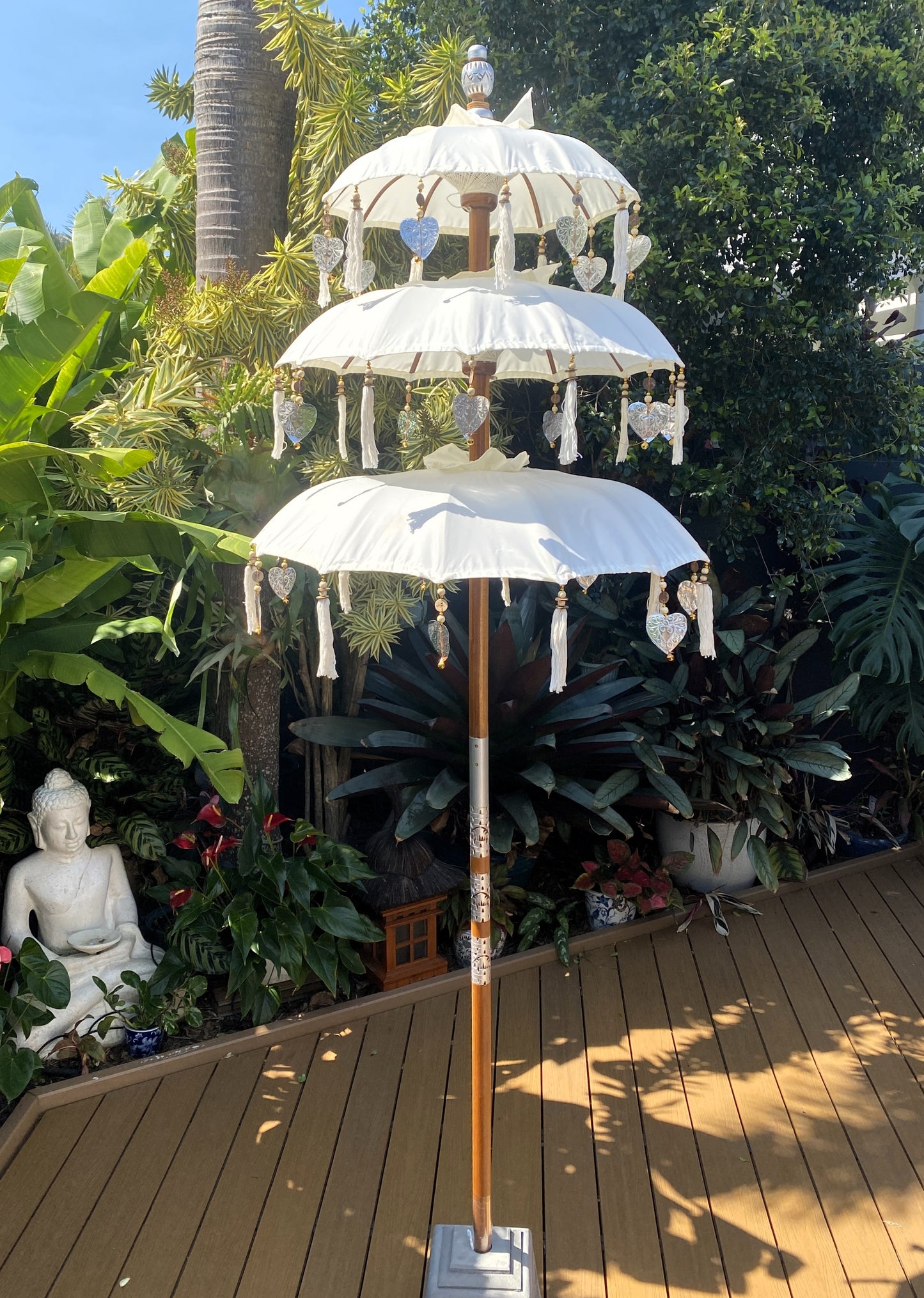 Balinese Umbrella - Off White & Silver - Triple     ( 2 pc Teak stick)
