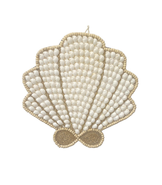 Clam Shell-shaped decorative wall art with white shells and wooden bead outline on a light gray background