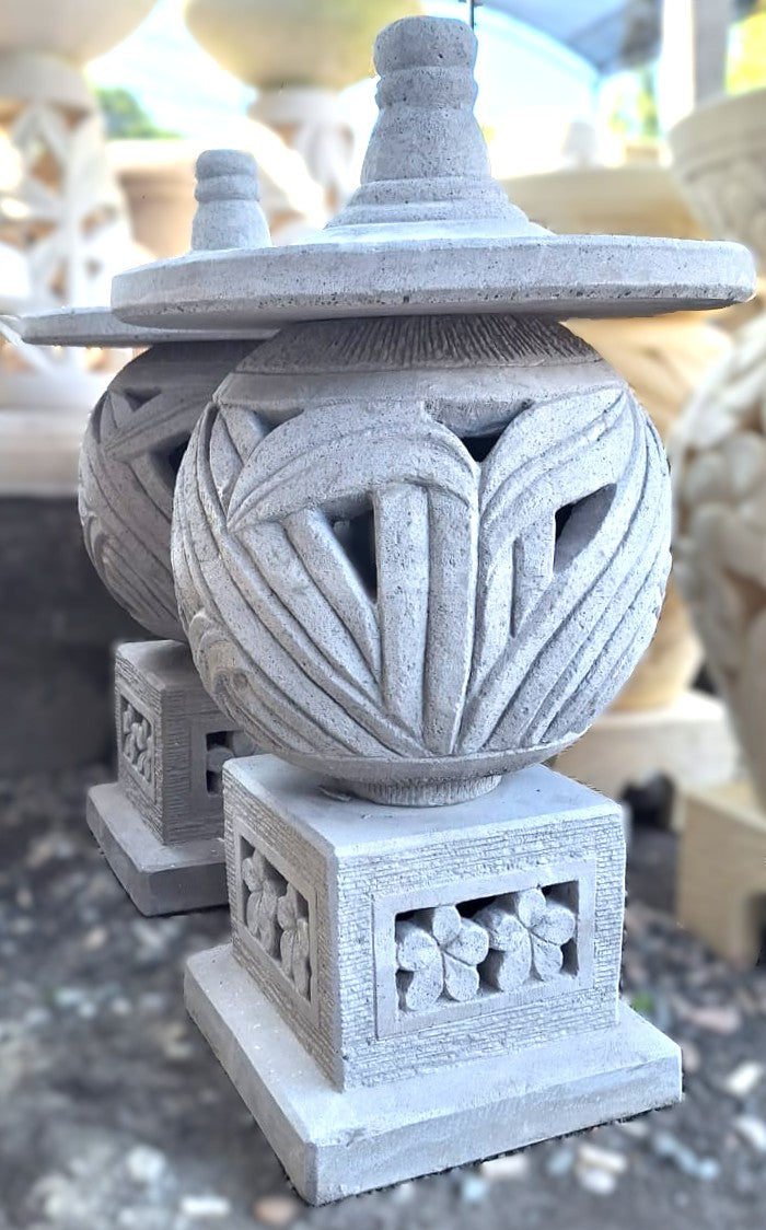 Balinese concrete grey lantern with intricate cutwork patterns
