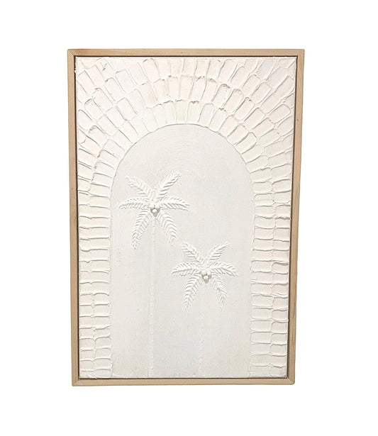 Decorative textured artwork of twin white palm trees with a timber frame on a white background