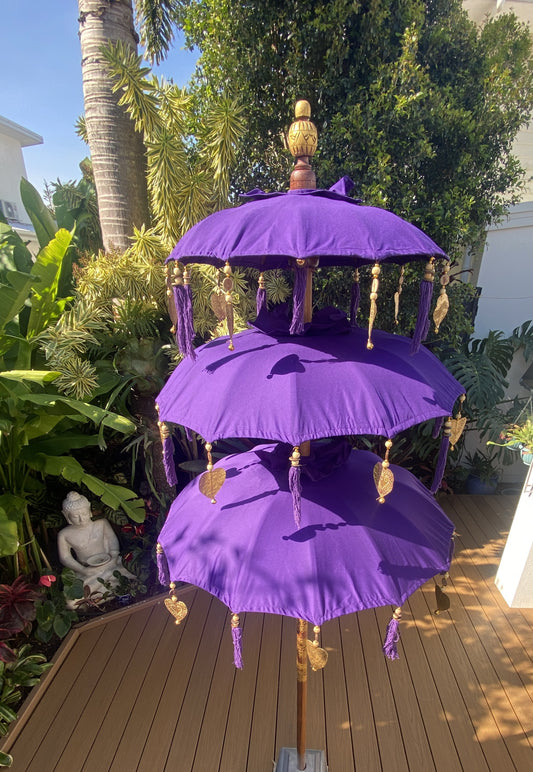 Balinese Umbrella - Purple & Gold - Triple     ( 2 pc Teak stick)
